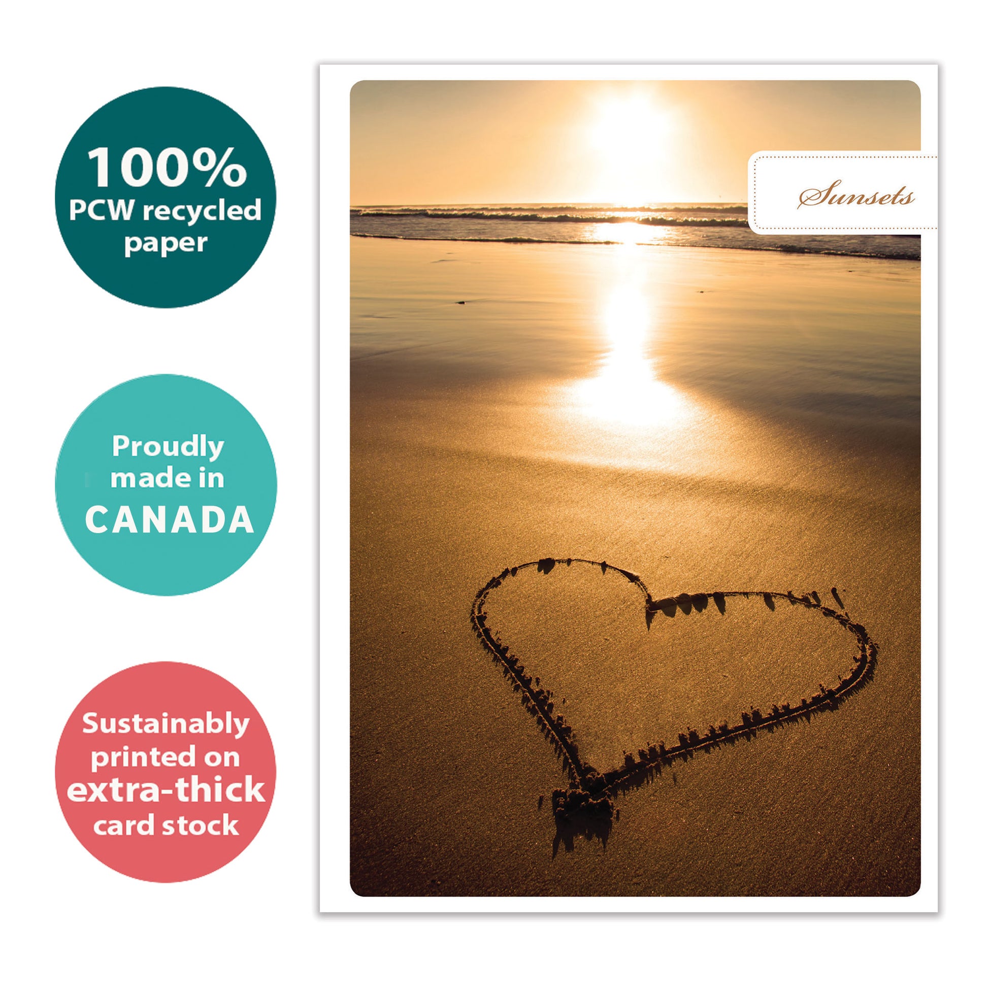 Front view of an Anniversary greeting card with a sunset photo and a heart drawn in the sand, highlighting its eco-friendly materials and made in Canada.