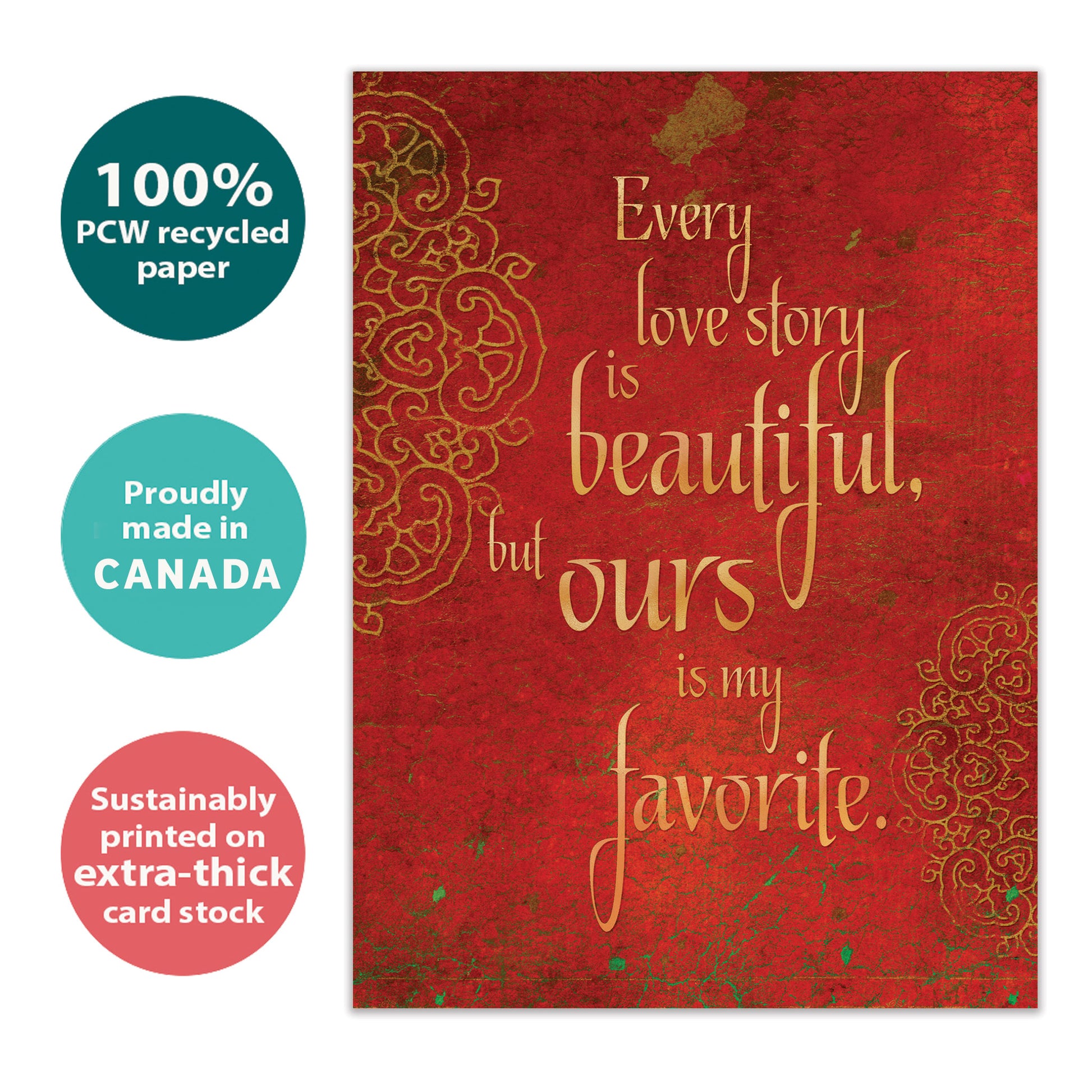 Front view of an Anniversary greeting card with a red cover and love message, highlighting its eco-friendly materials and made in Canada.