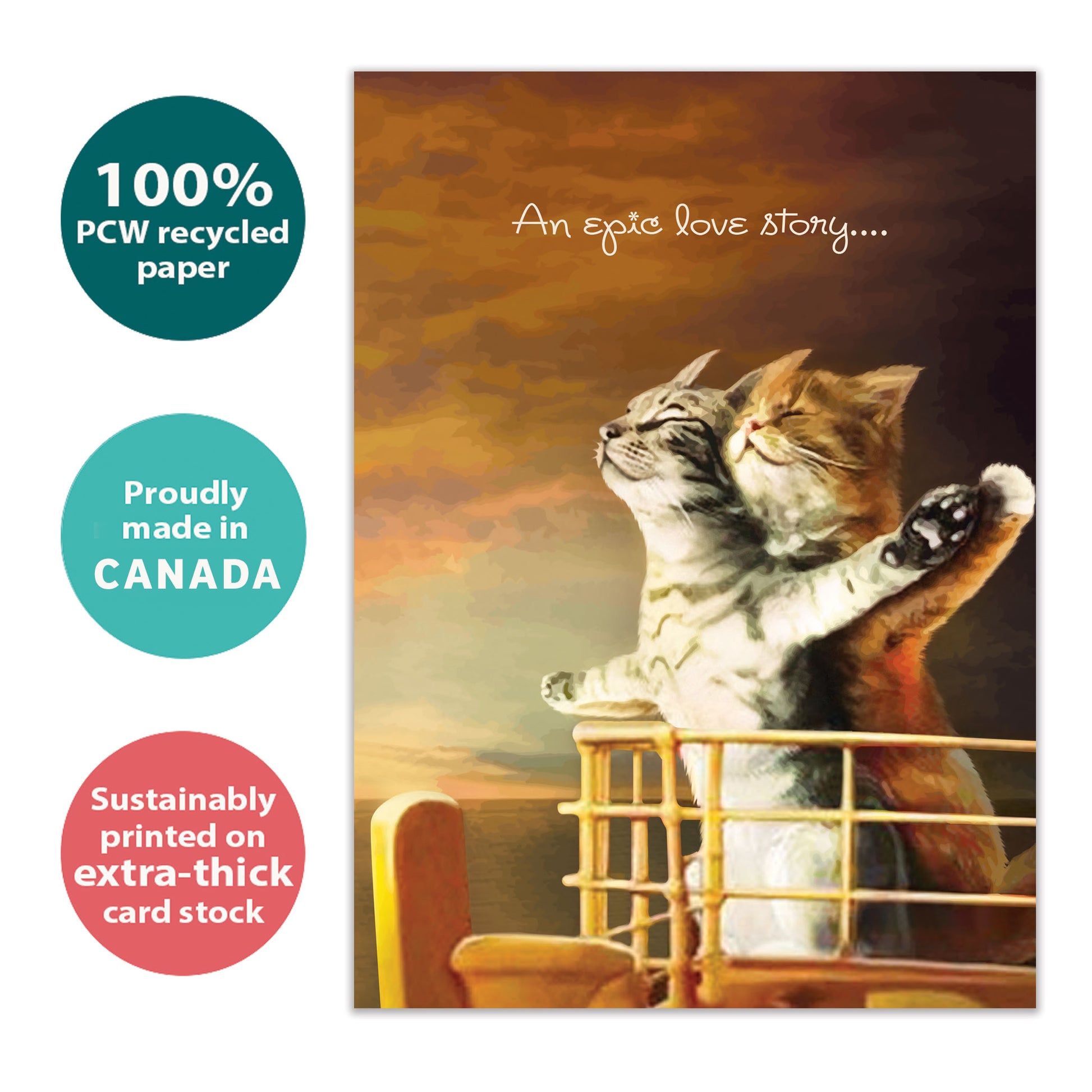 Front view of an Anniversary greeting card with two cats on the bow of a ship in a Titanic-inspired scene, highlighting its eco-friendly materials and made in Canada. 