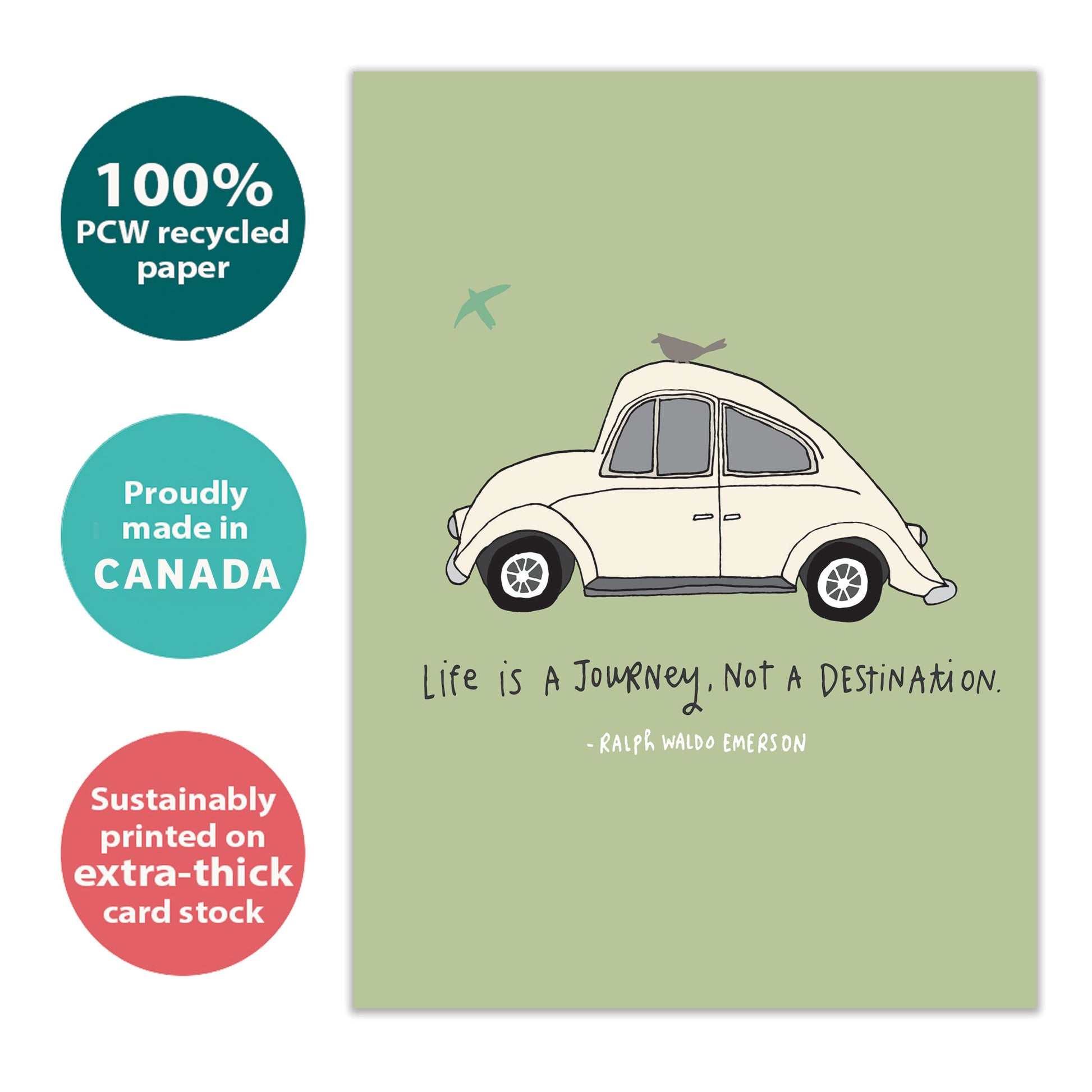 Front view of an Anniversary greeting card with a car illustration and message about life, highlighting its eco-friendly materials and made in Canada.
