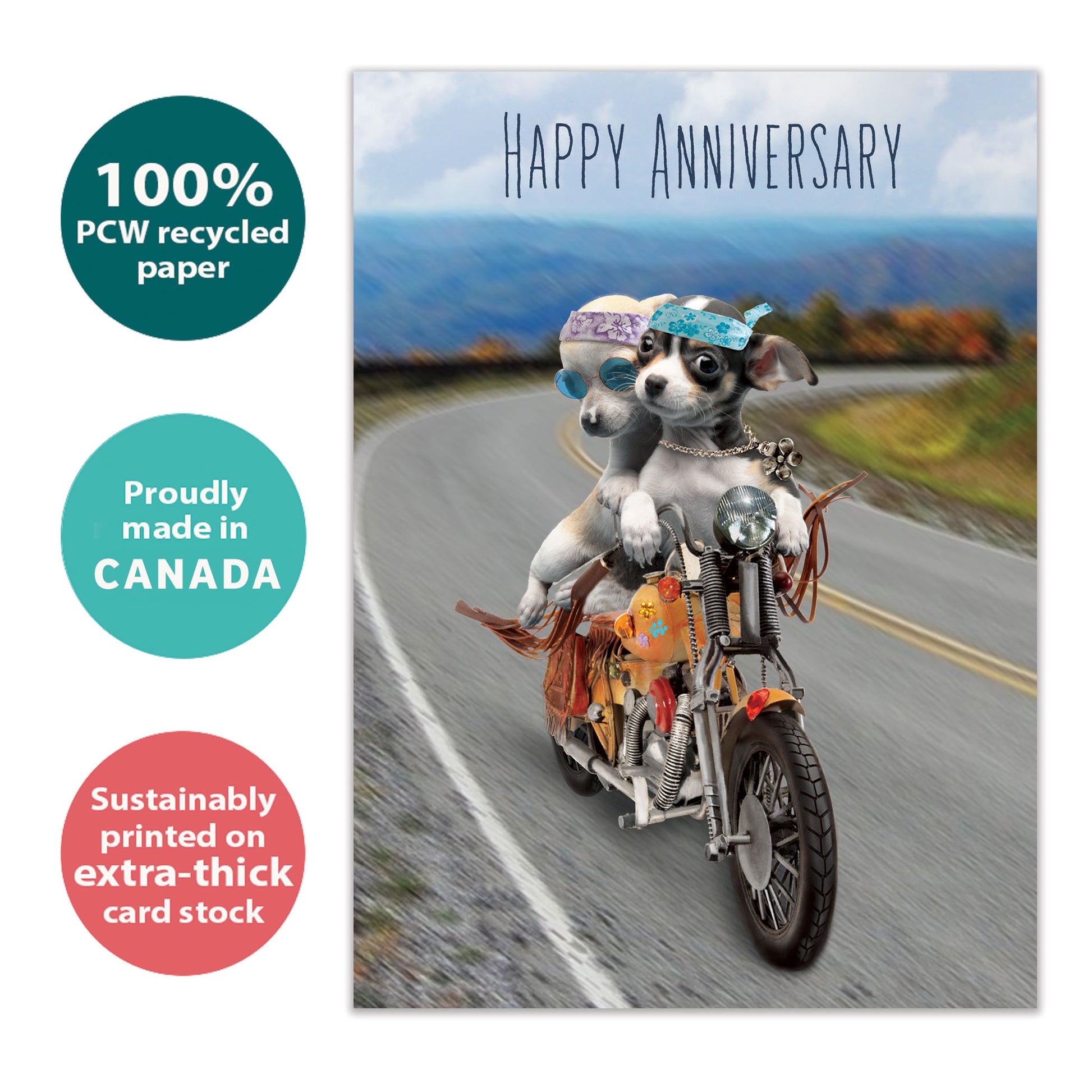 Front view of an Anniversary greeting card with two dogs on a motorcycle, highlighting its eco-friendly materials and made in Canada.