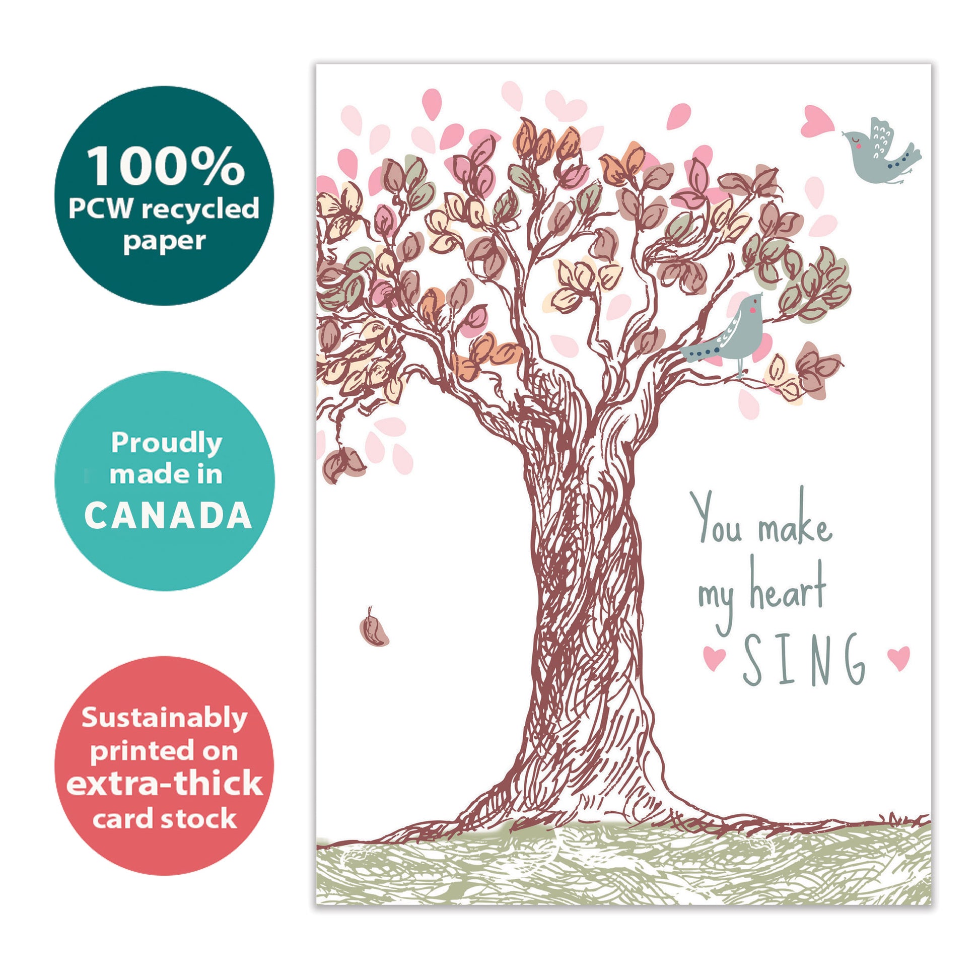 Front view of an Anniversary greeting card with a tree illustration and the message "you make my heart sing," highlighting its eco-friendly materials and made in Canada. 