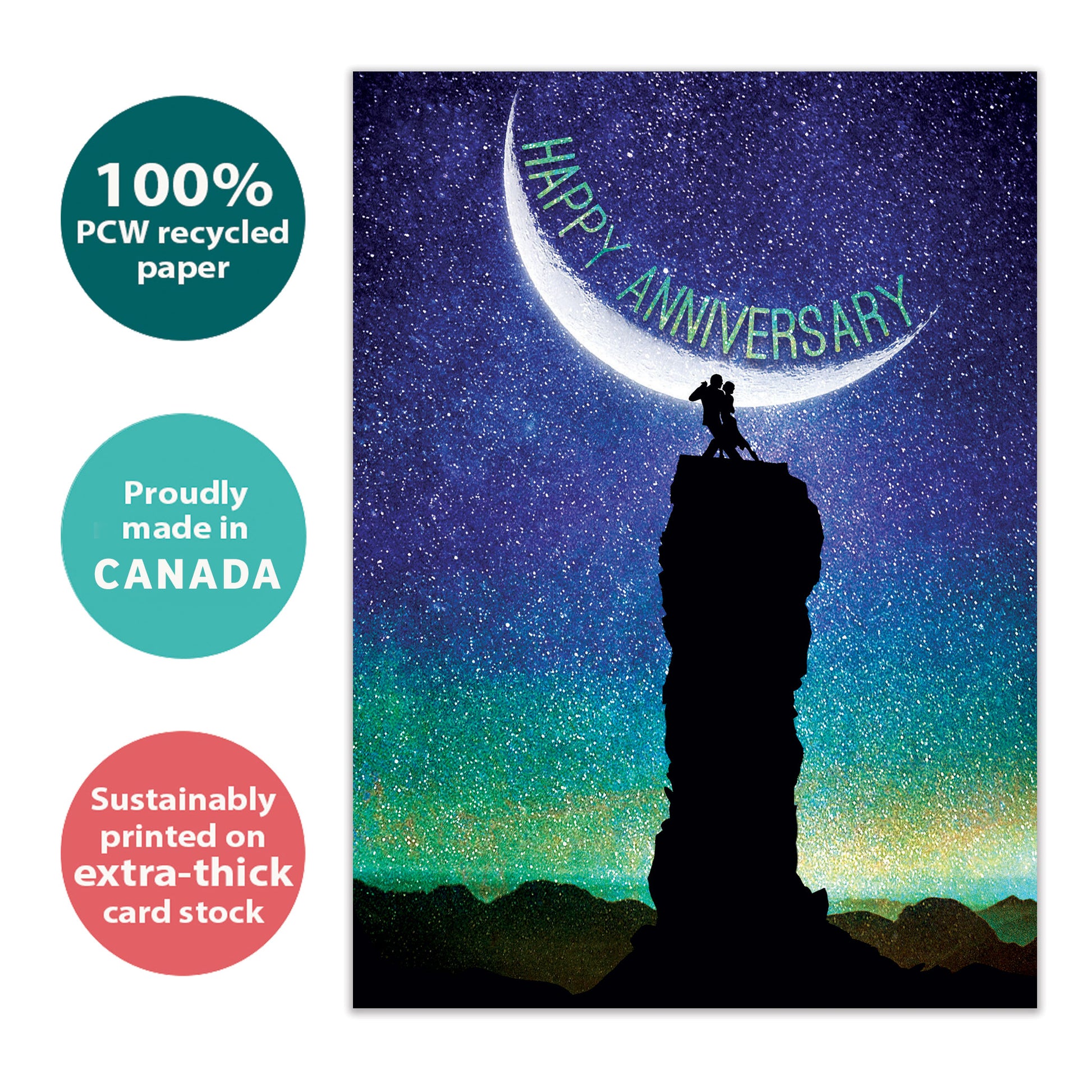 Front view of an Anniversary greeting card with a couple dancing in the moonlight and the words "Happy Anniversary," highlighting its eco-friendly materials and made in Canada.