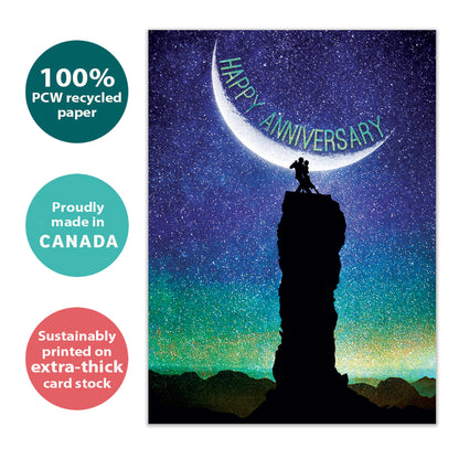 Front view of an Anniversary greeting card with a couple dancing in the moonlight and the words "Happy Anniversary," highlighting its eco-friendly materials and made in Canada.