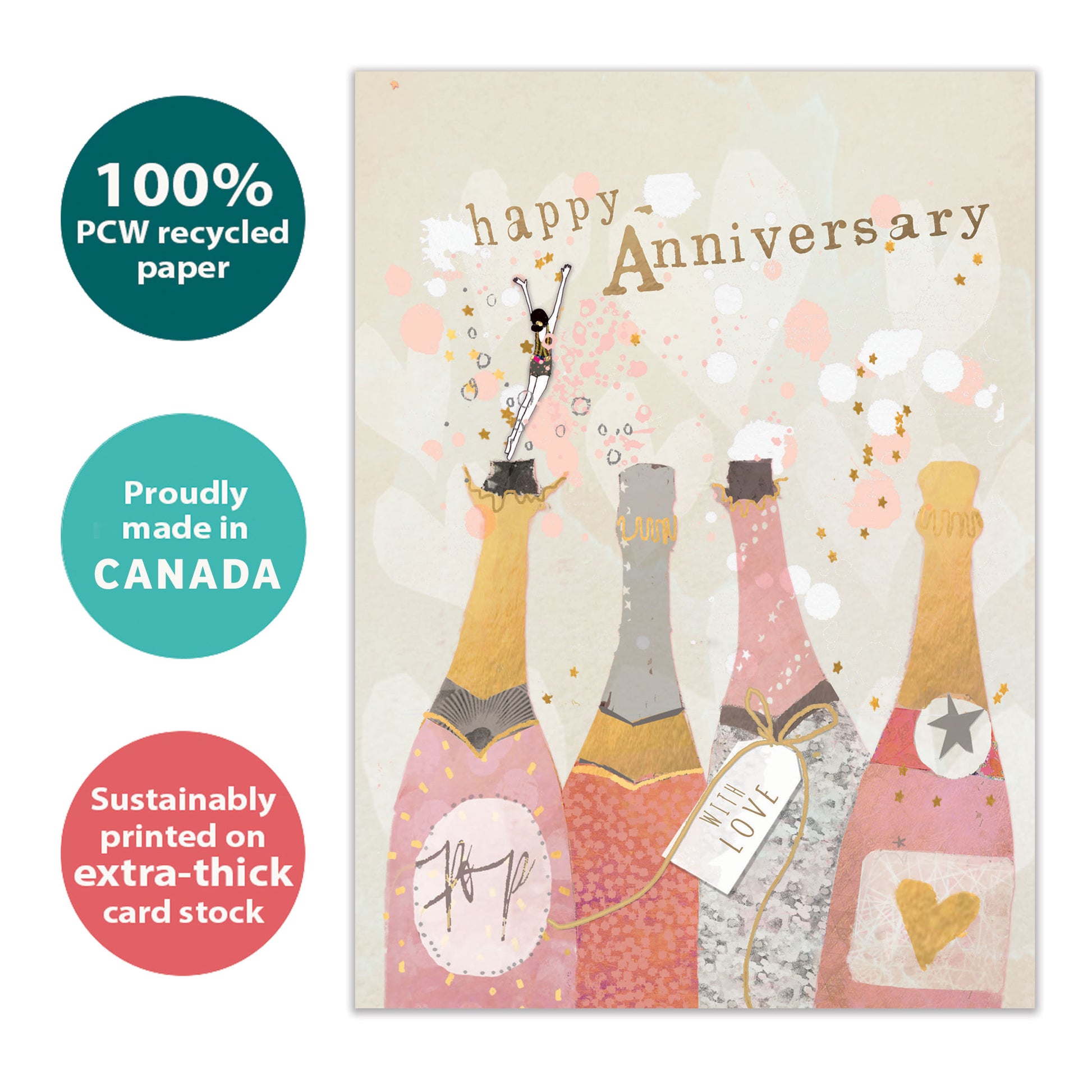 Front view of an Anniversary greeting card with champagne bottles and the words "Happy Anniversary," highlighting its eco-friendly materials and made in Canada.