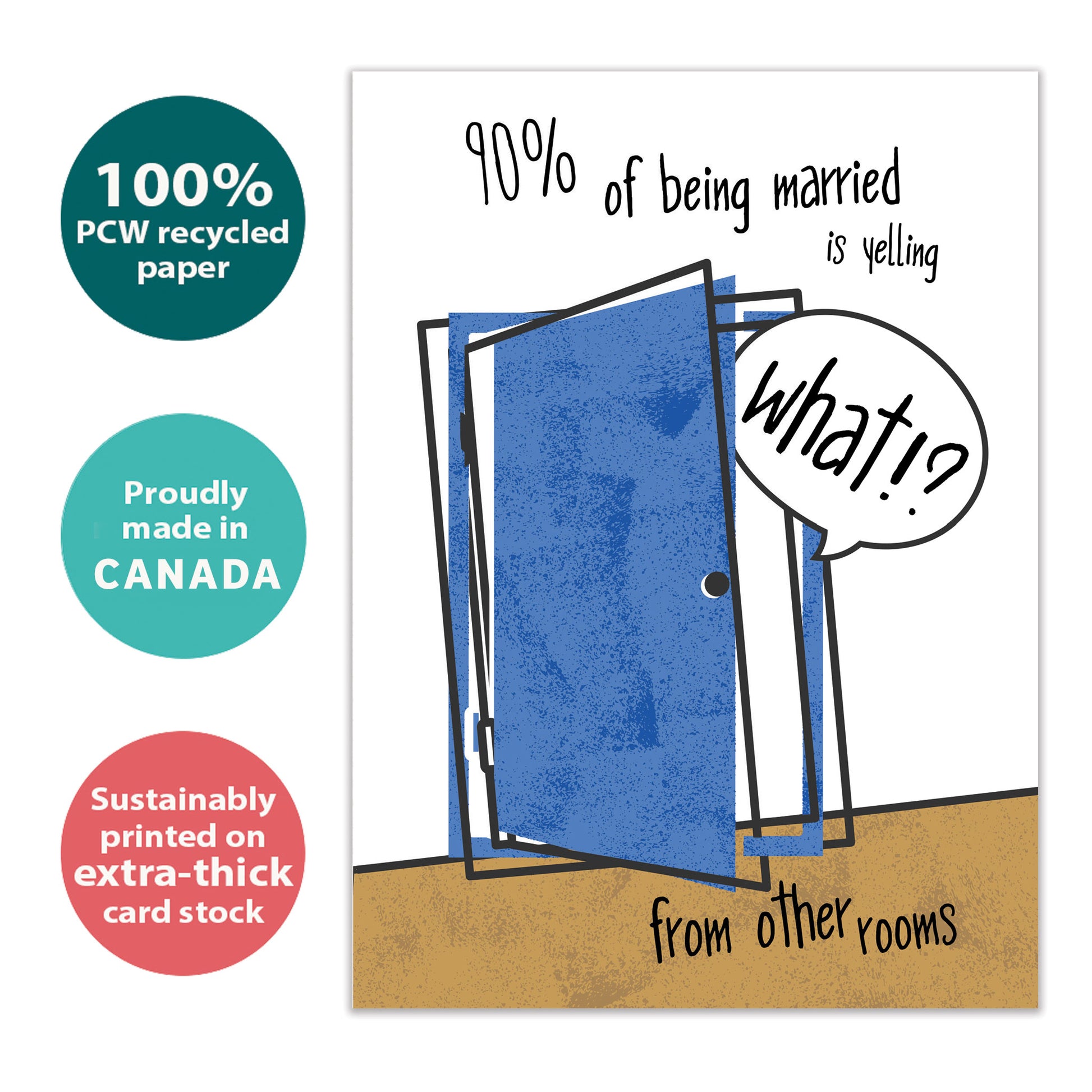 Front view of an Anniversary greeting card with the message "90 percent of being married is yelling 'What?' from the other rooms," highlighting its eco-friendly materials and made in Canada.