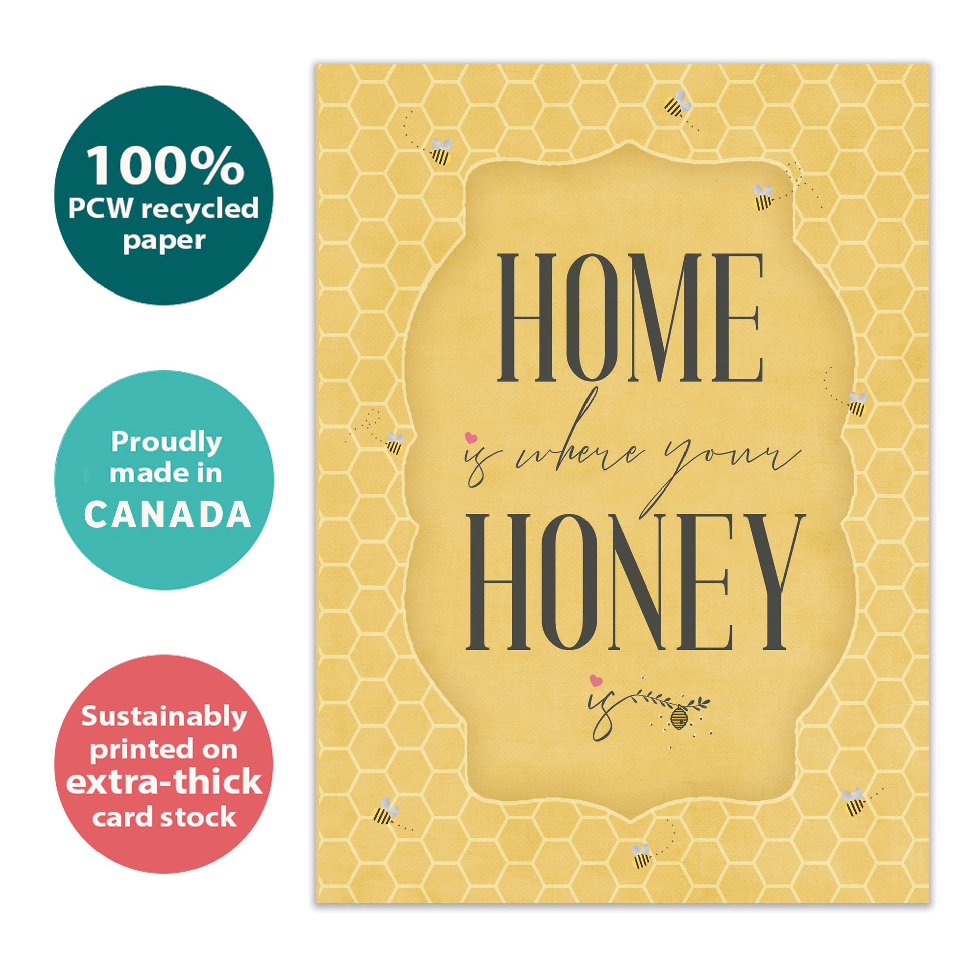 Front view of an Anniversary greeting card with a golden honeycomb background and kind message, highlighting its eco-friendly materials and made in Canada.