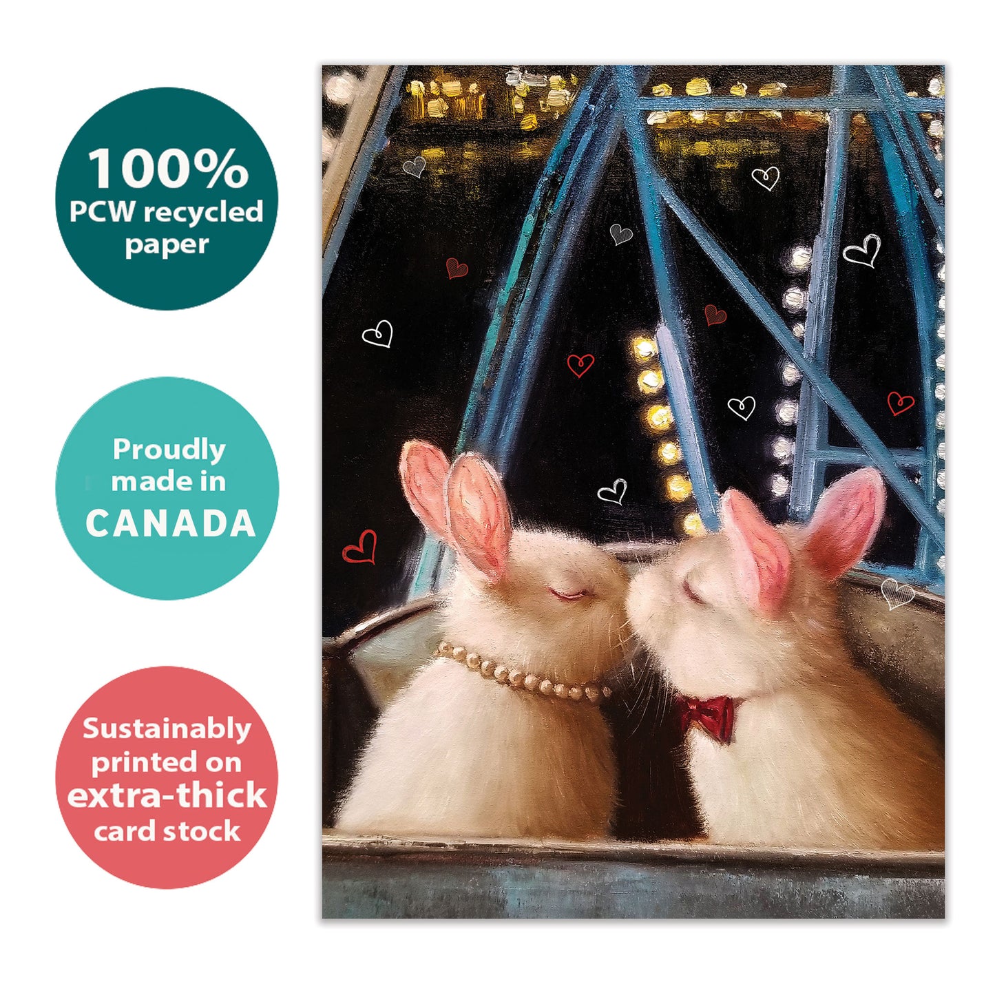 Front view of an Anniversary greeting card with an illustration of two bunnies kissing, highlighting its eco-friendly materials and made in Canada.