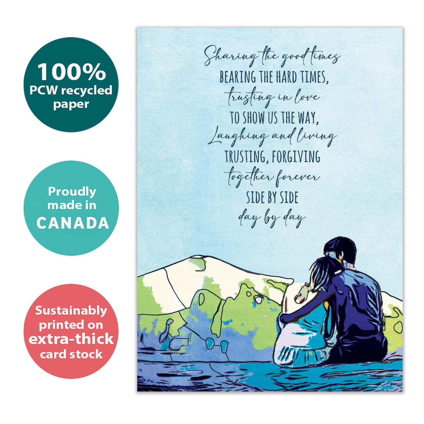 Front view of an Anniversary greeting card with an illustration of a loving couple, highlighting its eco-friendly materials and made in Canada.