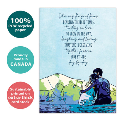 Front view of an Anniversary greeting card with an illustration of a loving couple, highlighting its eco-friendly materials and made in Canada.