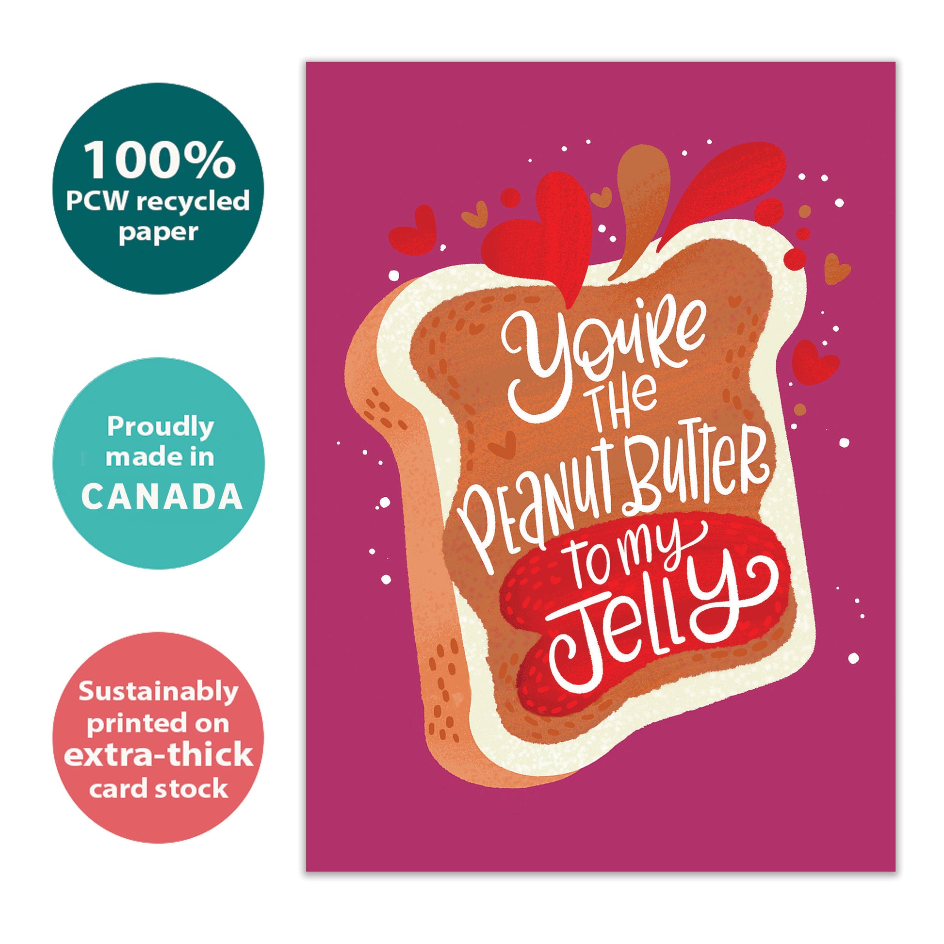 Front view of an Anniversary greeting card with a sweet illustration and the message "You're the peanut butter to my jelly," highlighting its eco-friendly materials and made in Canada.
