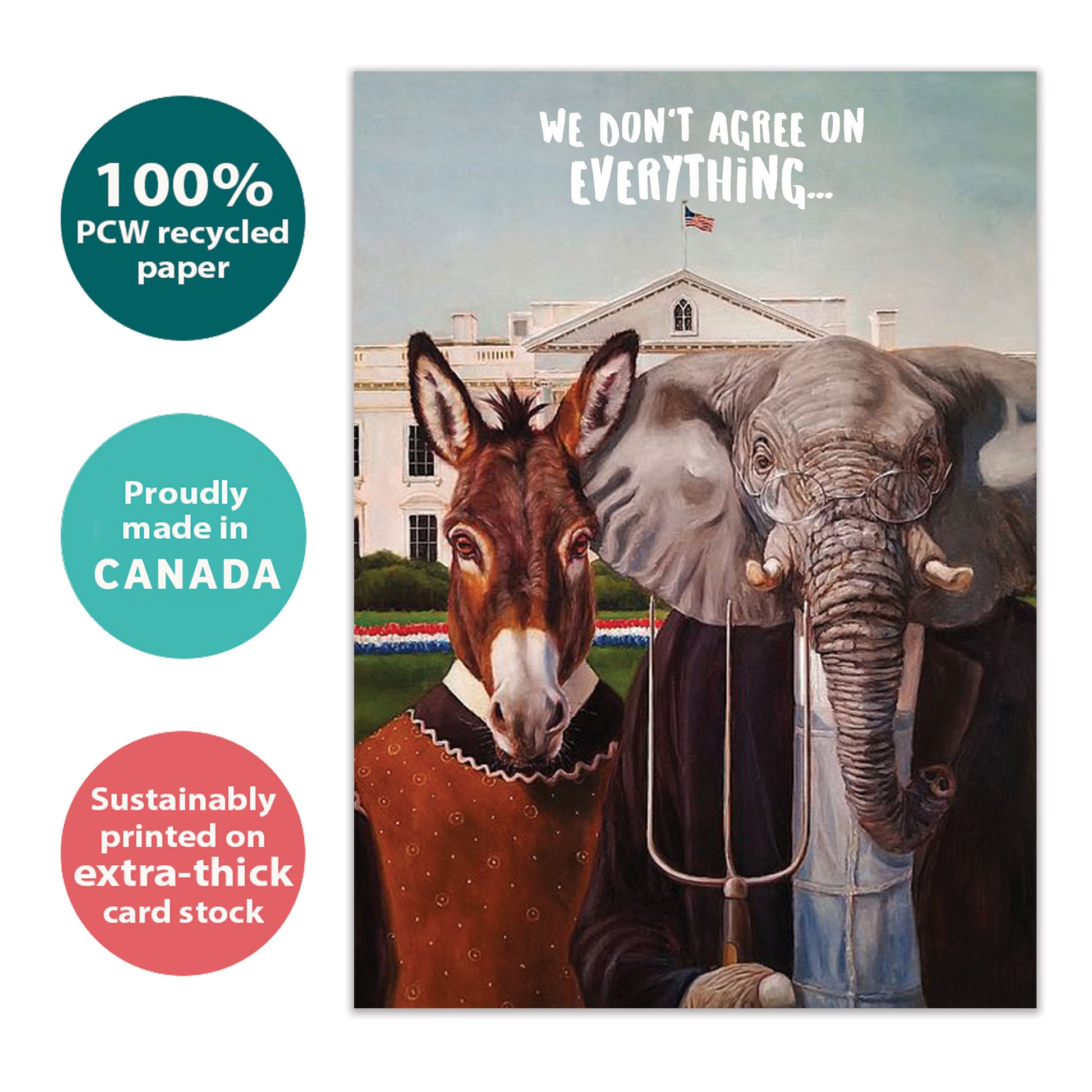 Front view of an Anniversary greeting card with an illustration of a mule and elephant couple, highlighting its eco-friendly materials and made in Canada.