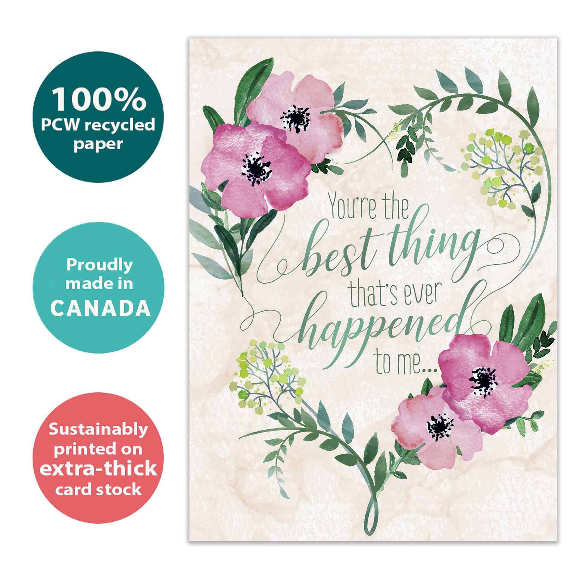 Front view of an Anniversary greeting card with a soft pink and green floral design, highlighting its eco-friendly materials and made in Canada.