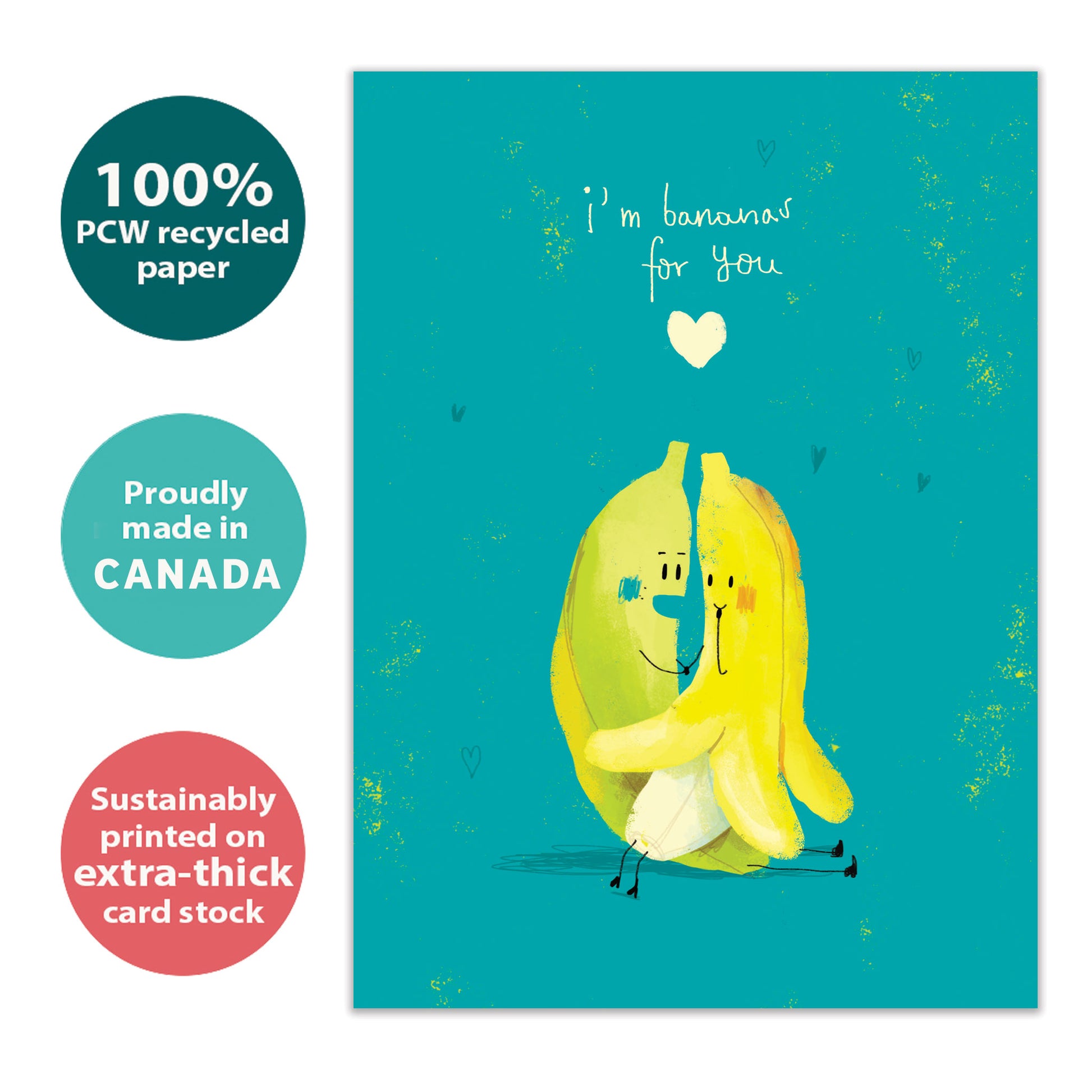 Front view of an Anniversary greeting card with an illustration of two bananas hugging on a teal background, highlighting its eco-friendly materials and made in Canada.