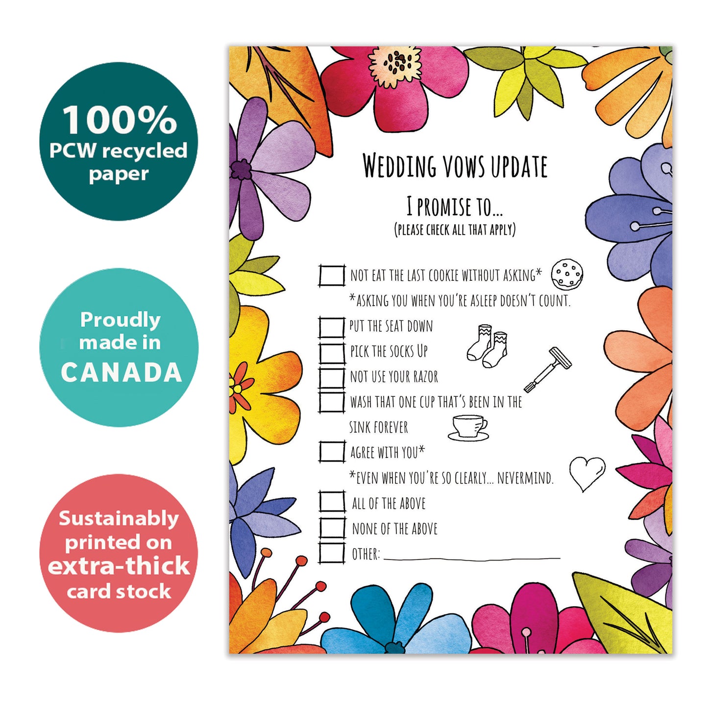 Front view of an Anniversary greeting card with a list of wedding vows update and floral artwork, highlighting its eco-friendly materials and made in Canada.