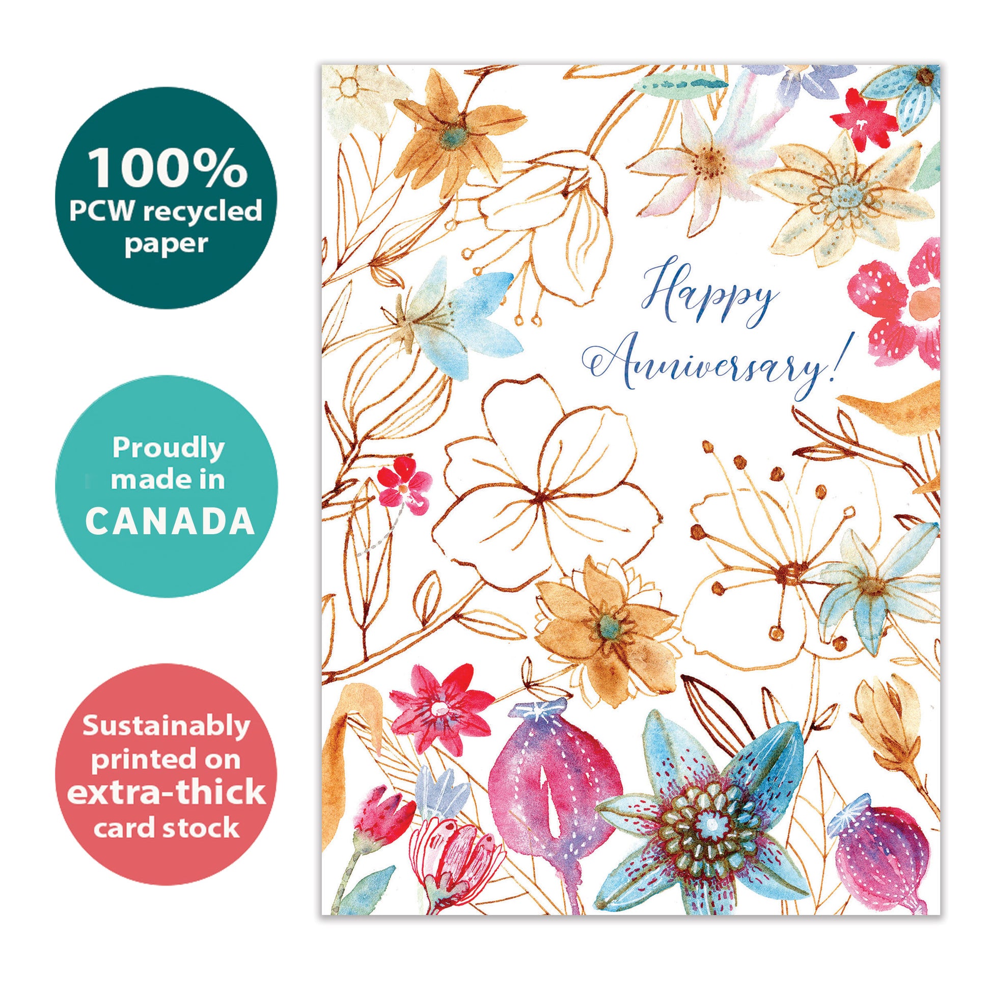 Front view of an Anniversary greeting card with "Happy Anniversary!" and floral artwork, highlighting its eco-friendly materials and made in Canada.