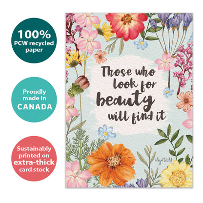 Front view of an Anniversary greeting card with a message about finding beauty and floral artwork, highlighting its eco-friendly materials and made in Canada.