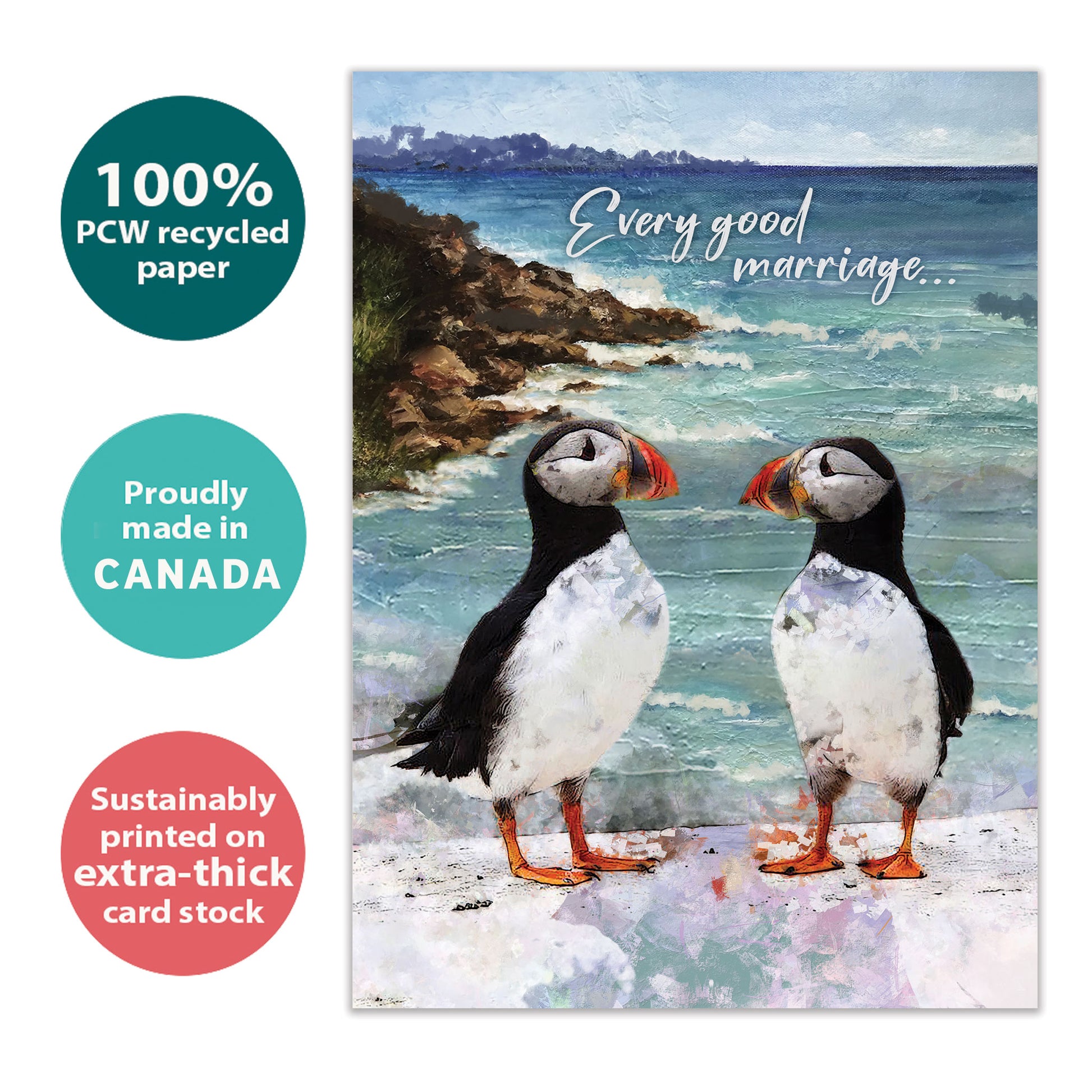 Front view of an Anniversary greeting card with two puffins by the ocean, highlighting its eco-friendly materials and made in Canada.