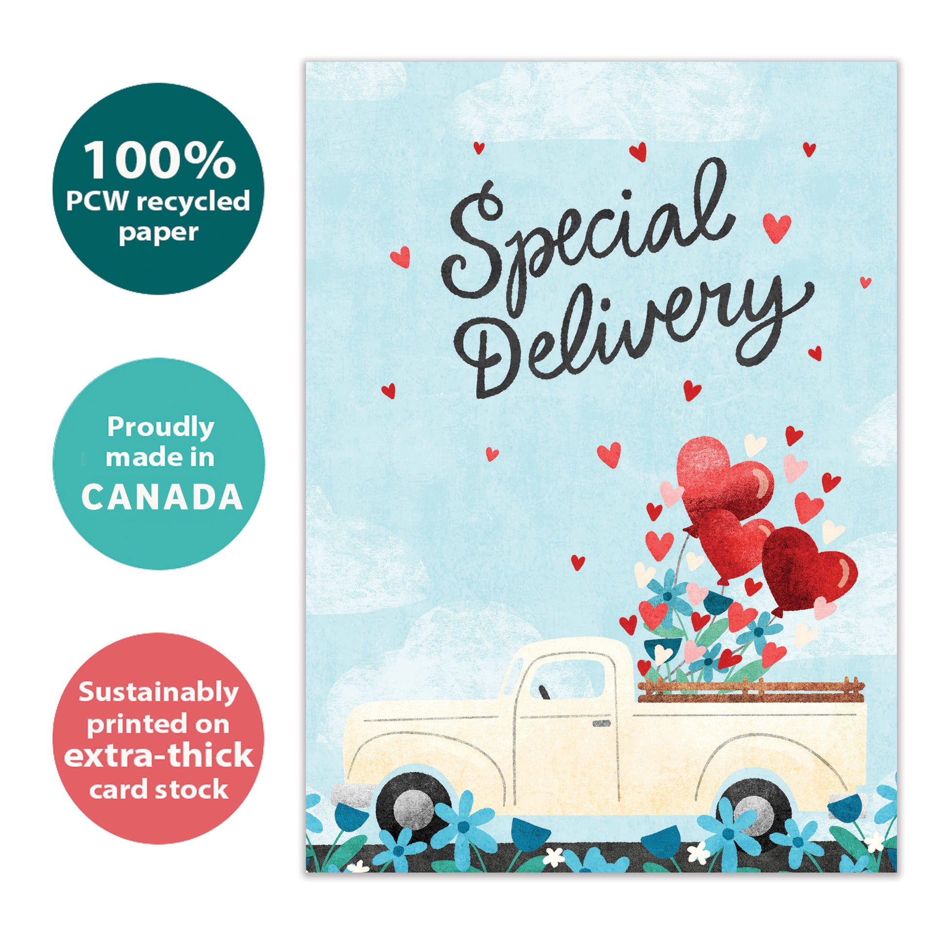 Front view of an Anniversary greeting card with a truck filled with hearts and the message "Special Delivery," highlighting its eco-friendly materials and made in Canada.