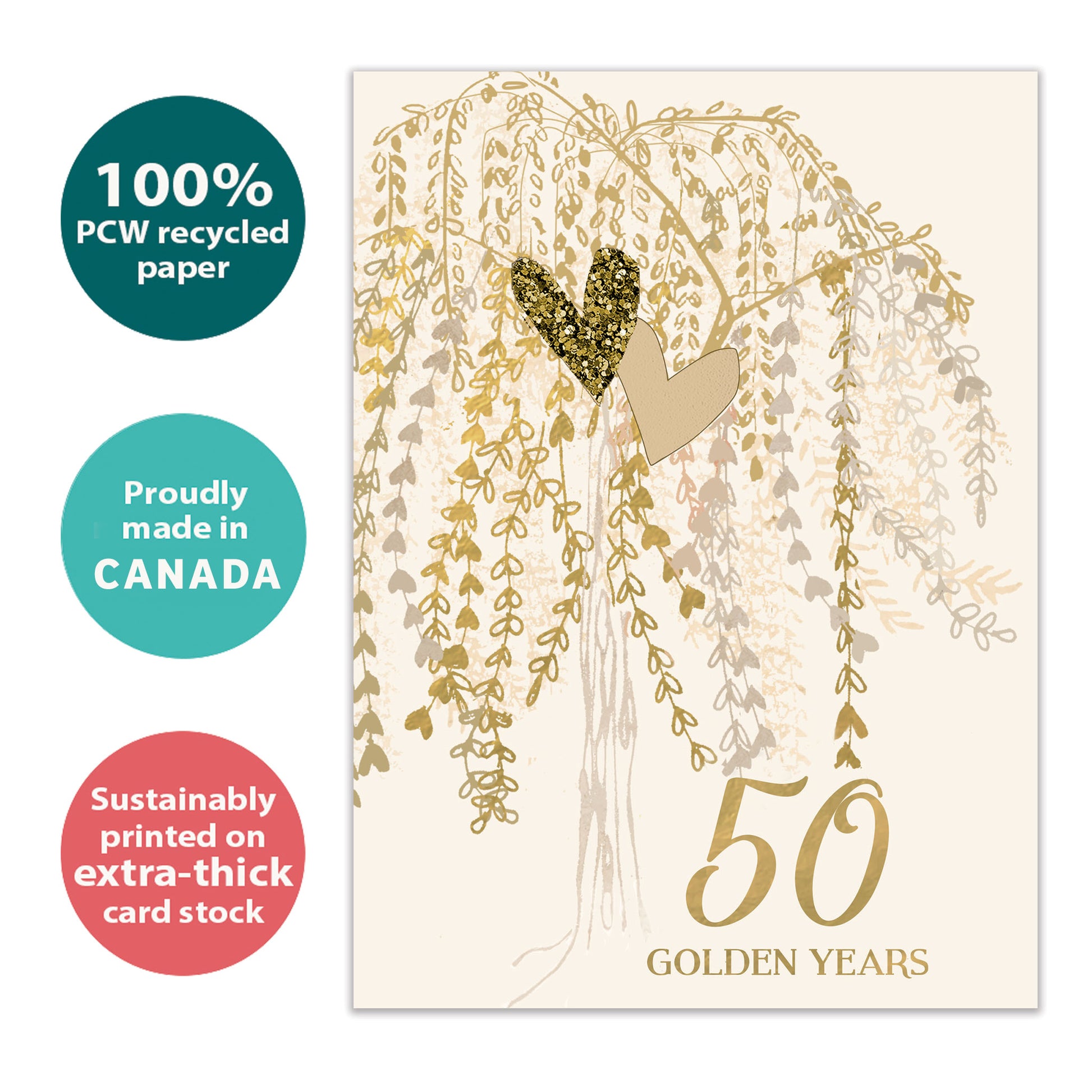Front view of an Anniversary greeting card with "50 golden years" in gold writing and a tree of heart-shaped golden leaves, highlighting its eco-friendly materials and made in Canada.