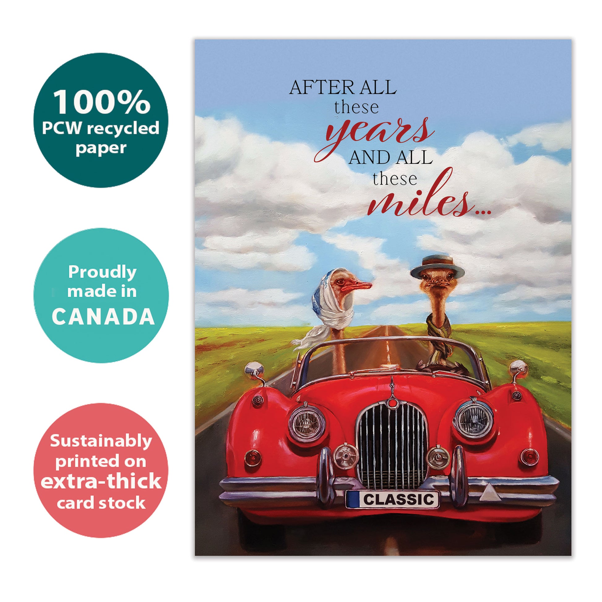Front view of an Anniversary greeting card with a goose couple driving in a red car and a heartfelt message, highlighting its eco-friendly materials and made in Canada