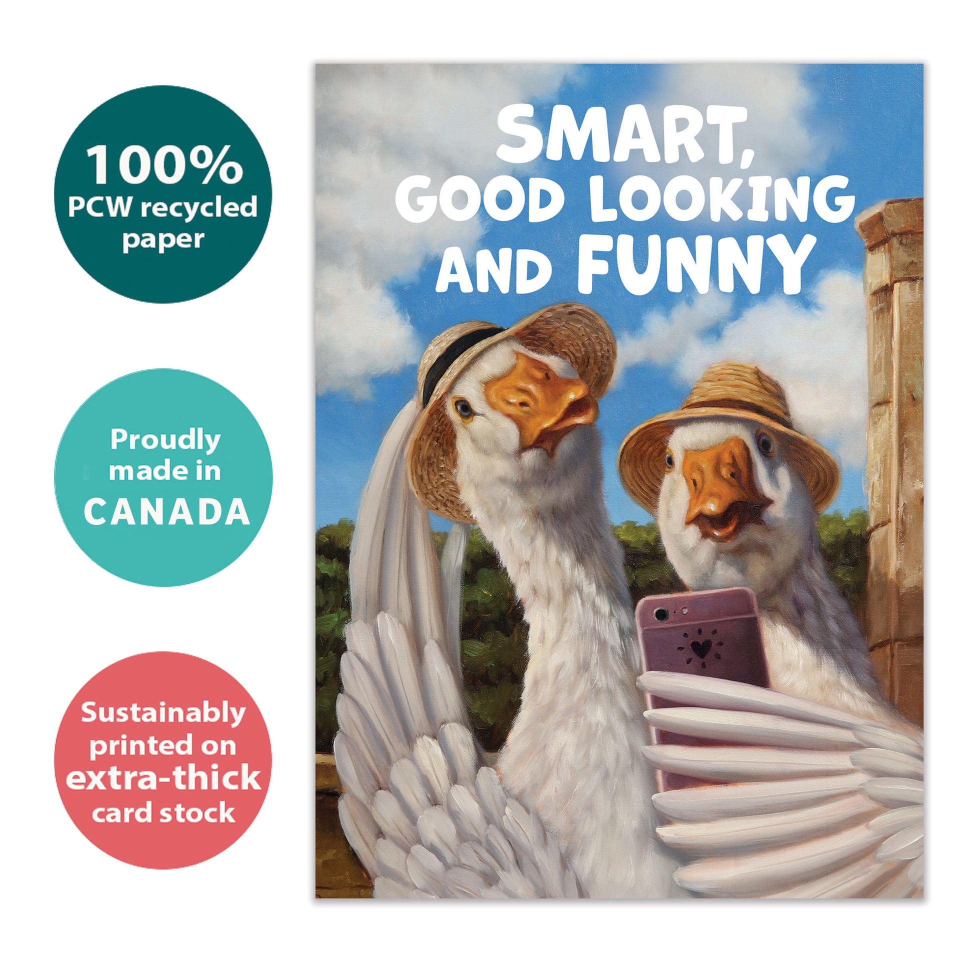 Front view of an Anniversary greeting card with a duck couple taking a selfie, highlighting its eco-friendly materials and made in Canada.