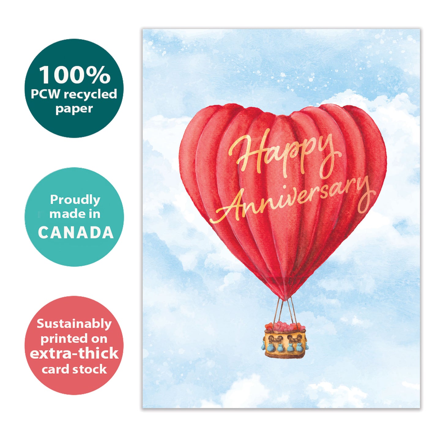 Front view of an Anniversary greeting card with a heart-shaped hot air balloon and the message "Happy Anniversary," highlighting its eco-friendly materials and made in Canada.