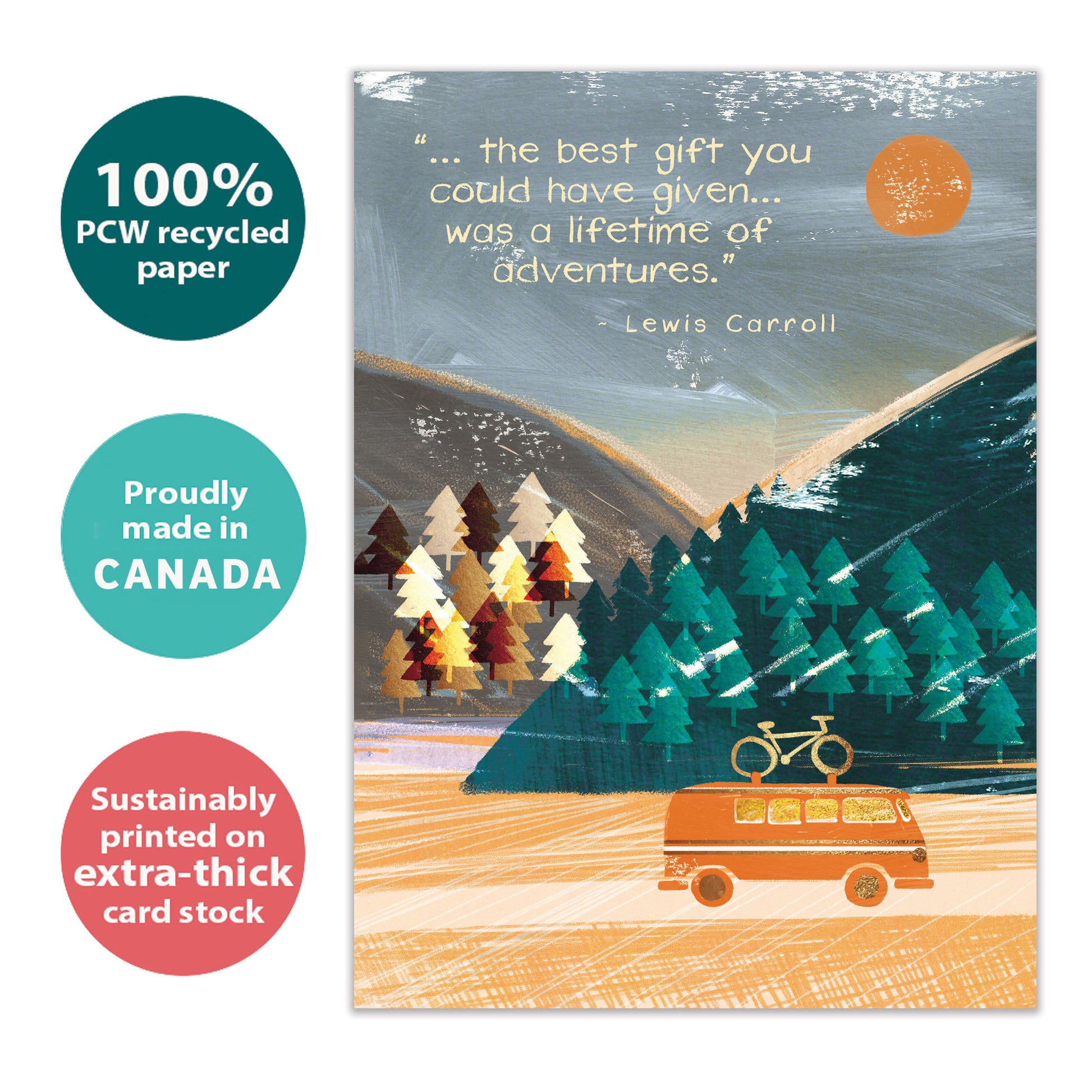 Front view of an Anniversary greeting card with an illustration of a camper vehicle driving through mountains, highlighting its eco-friendly materials and made in Canada.