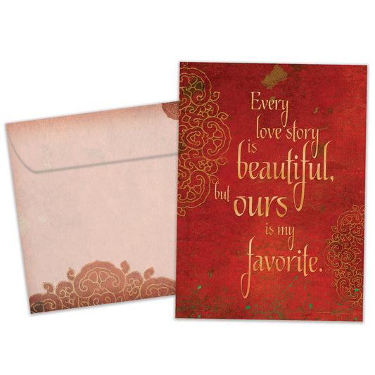 Front view of an Anniversary greeting card and matching envelope featuring a red cover with a love message.