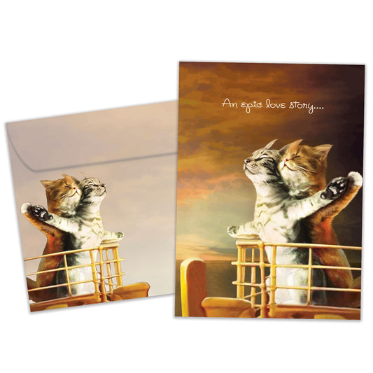Front view of an Anniversary greeting card and matching envelope featuring two cats on the bow of a ship in a classic Titanic-inspired scene.