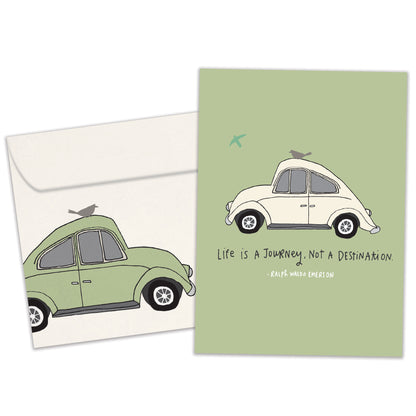 Front view of an Anniversary greeting card and matching envelope featuring an illustration of a car with an inspiring message about life.