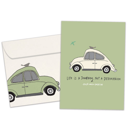 Front view of an Anniversary greeting card and matching envelope featuring an illustration of a car with an inspiring message about life.