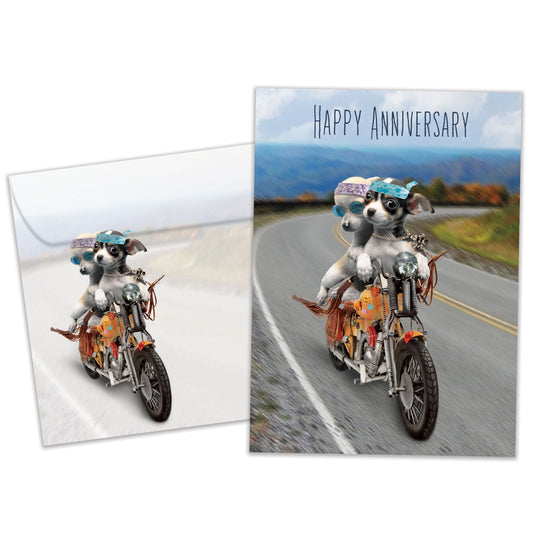 Front view of an Anniversary greeting card and matching envelope featuring two dogs riding a motorcycle.