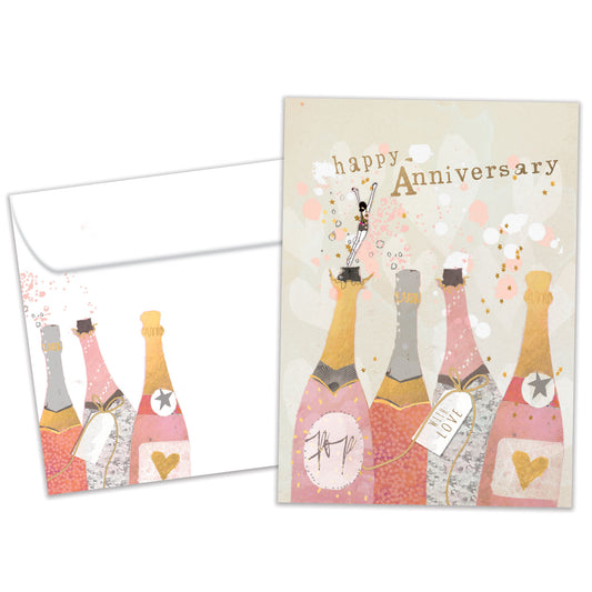 Front view of an Anniversary greeting card and matching envelope featuring champagne bottles with the words "Happy Anniversary."