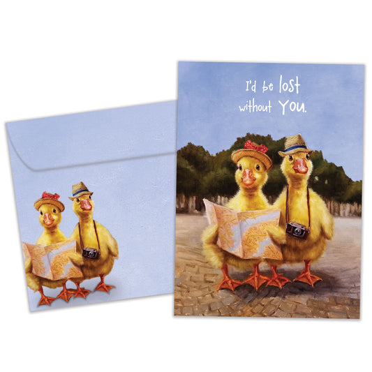 Front view of an Anniversary greeting card and matching envelope featuring an illustration of two travelling ducks holding a map with the message "I'd be lost without you."