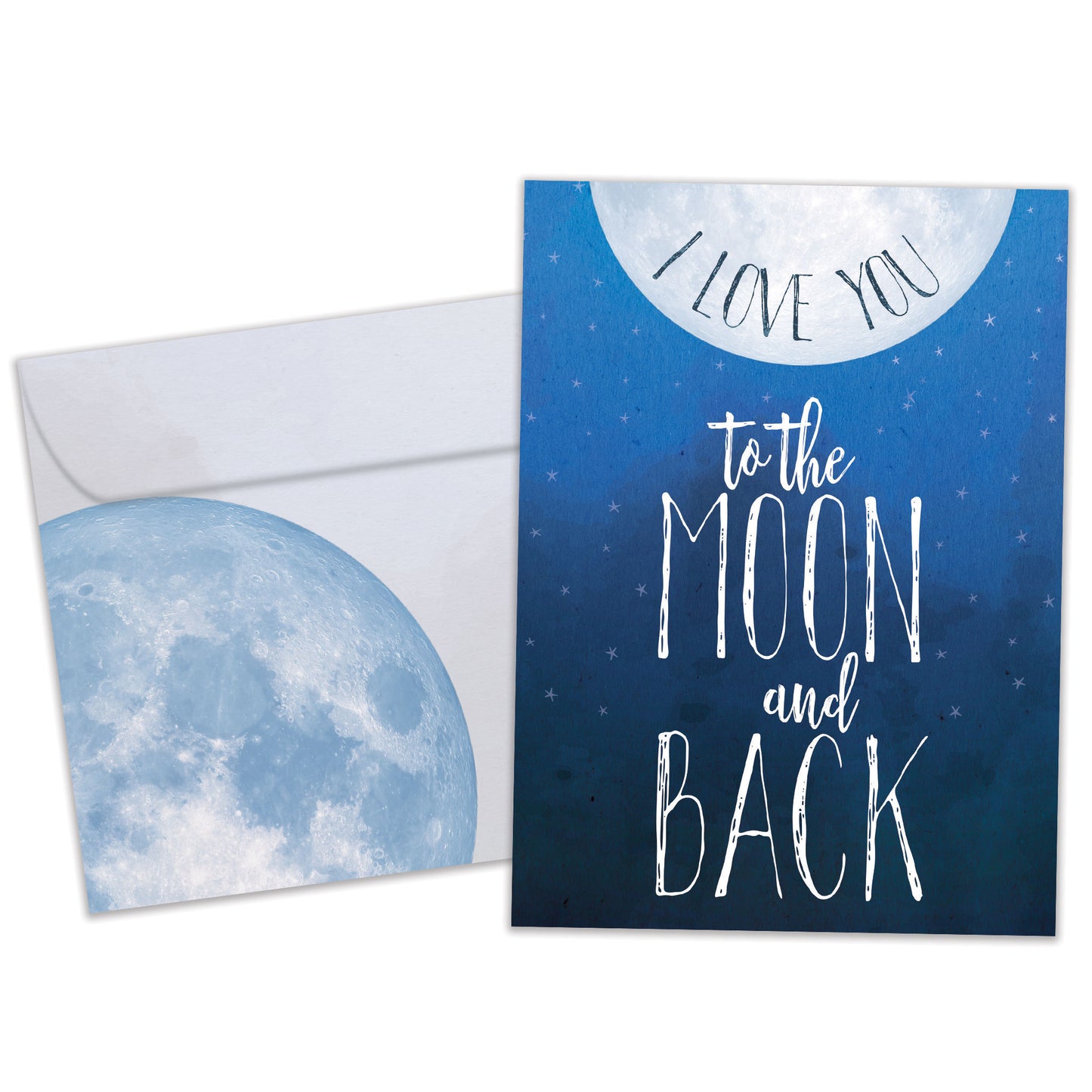 Front view of an Anniversary greeting card and matching envelope featuring an illustration of the moon on a dark blue sky with the message "I love you to the moon and back."