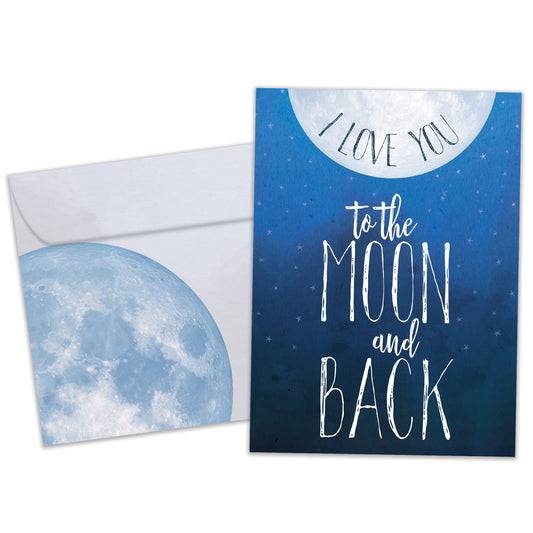Front view of an Anniversary greeting card and matching envelope featuring an illustration of the moon on a dark blue sky with the message "I love you to the moon and back."