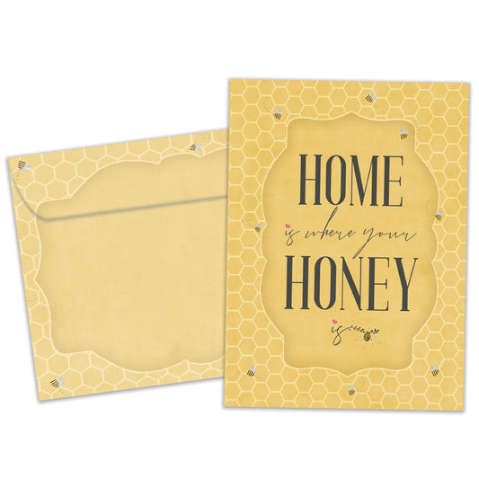 Front view of an Anniversary greeting card and matching envelope featuring a golden honeycomb background illustration and a heartfelt message.