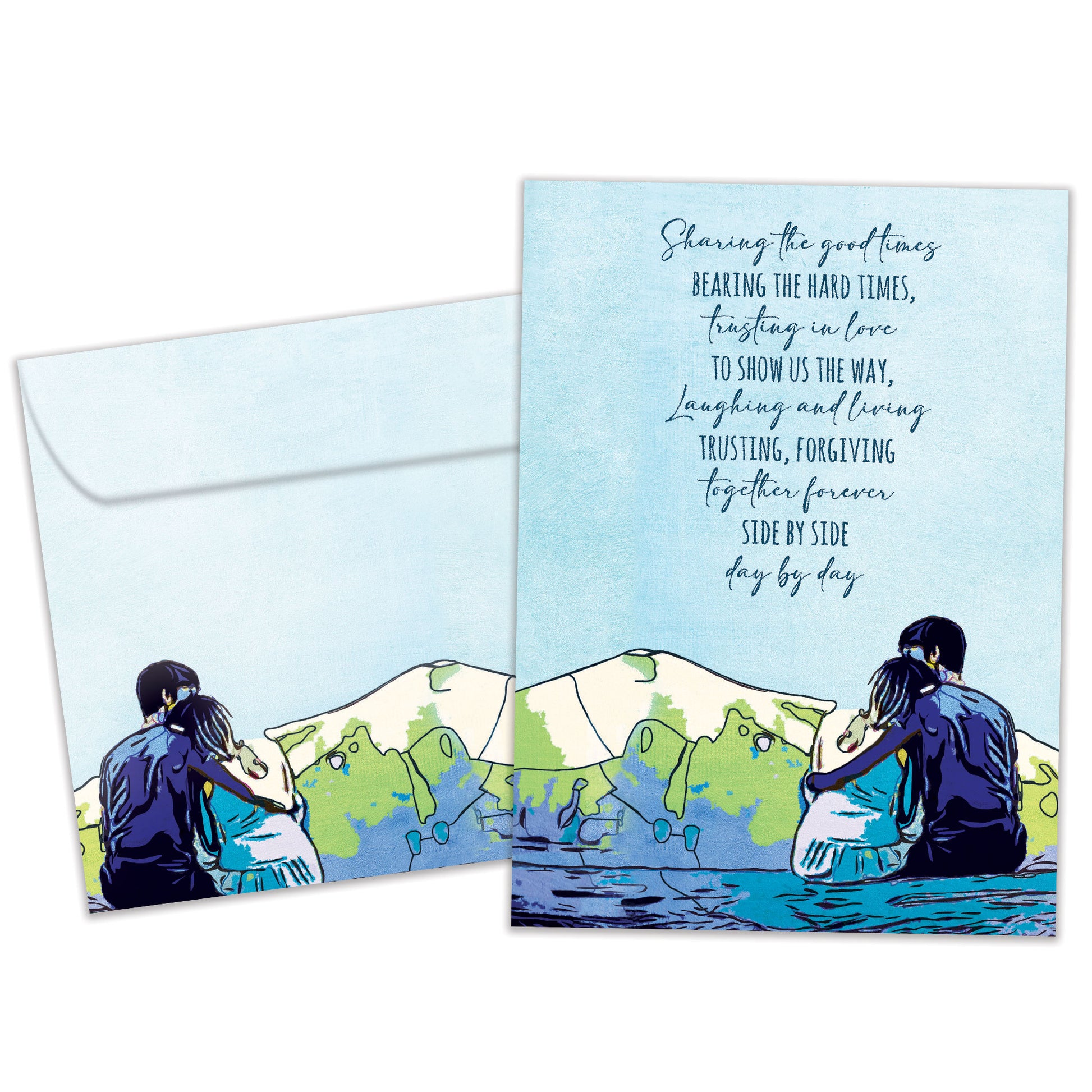 Front view of an Anniversary greeting card and matching envelope featuring an illustration of an affectionate couple and a loving message of togetherness.