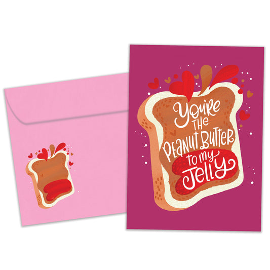 Front view of an Anniversary greeting card and matching envelope featuring the message "You're the peanut butter to my jelly" with a cute, matching illustration.