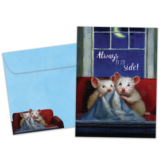 Front view of an Anniversary greeting card and matching envelope featuring a sweet illustration of a cuddling mouse couple.