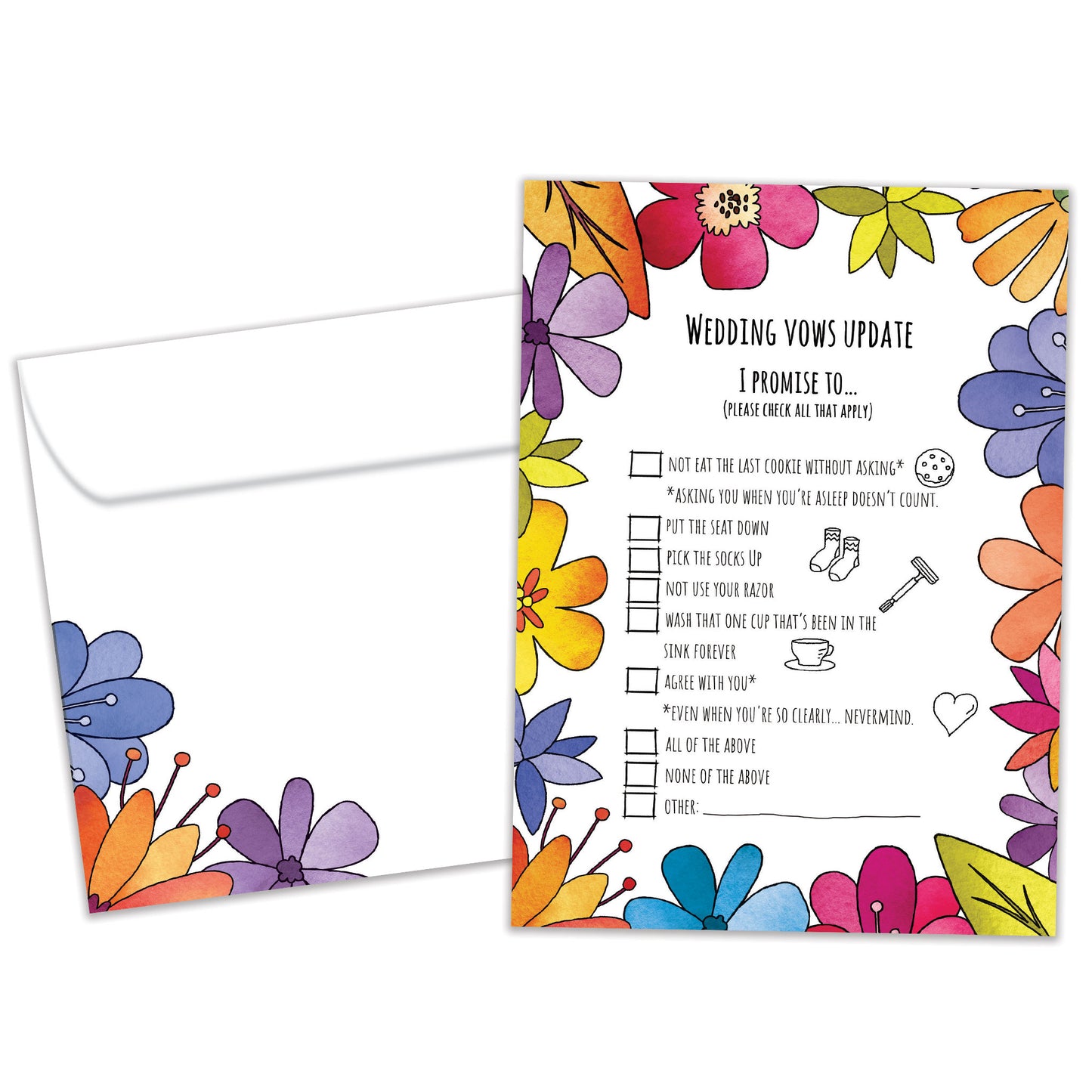 Front view of an Anniversary greeting card and matching envelope featuring a list of wedding vows update surrounded by floral artwork.