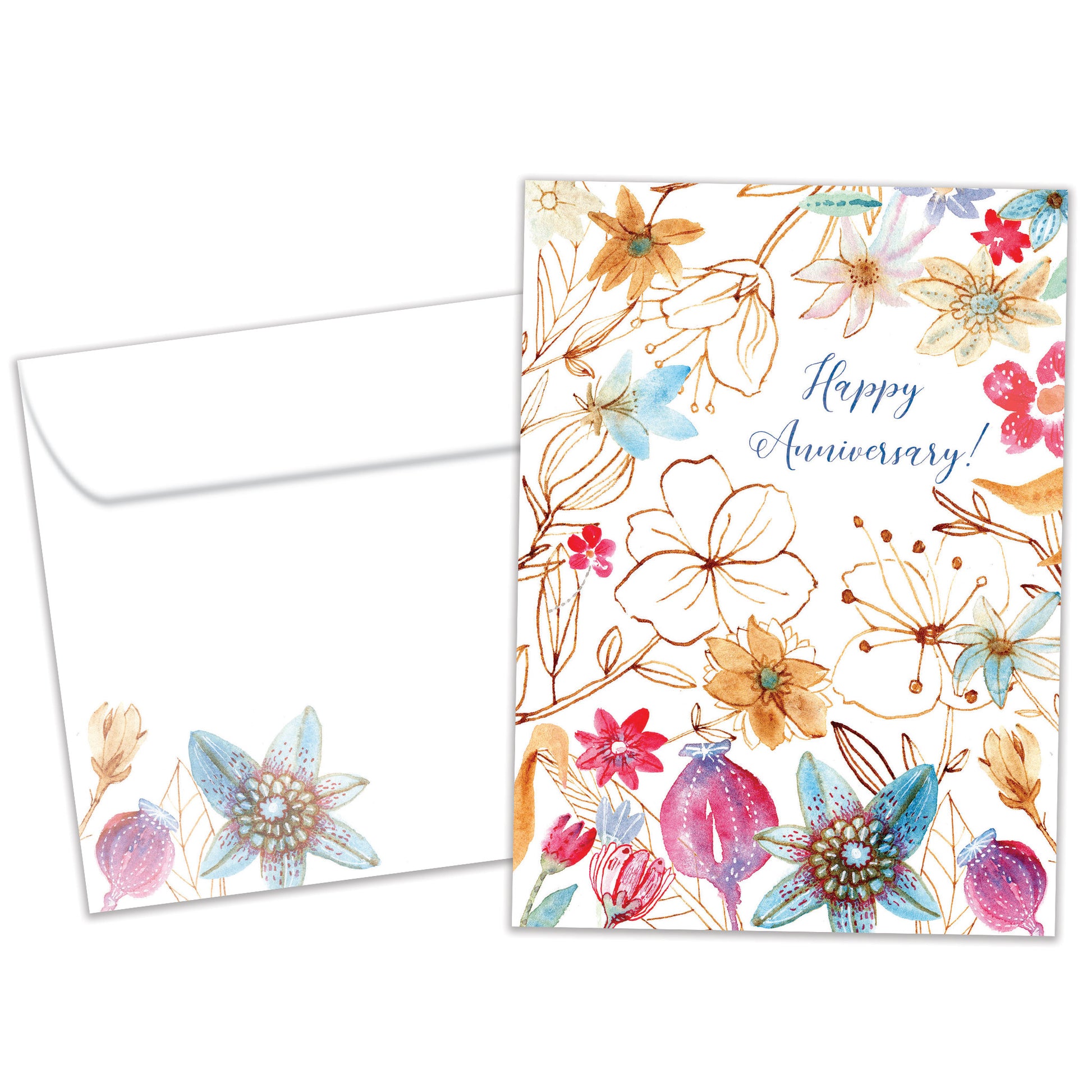 Front view of an Anniversary greeting card and matching envelope featuring "Happy Anniversary!" surrounded by floral artwork.