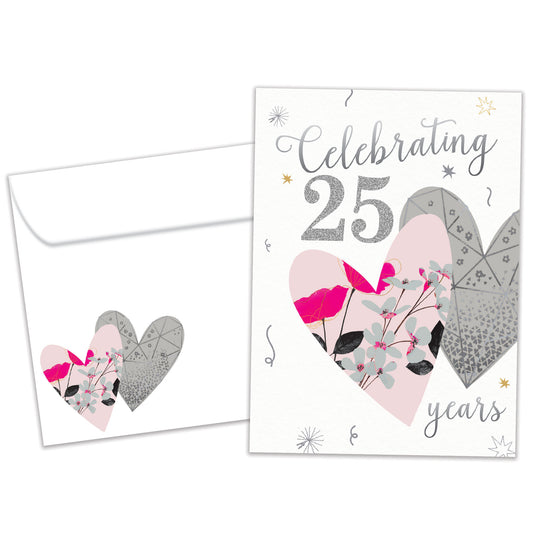 Front view of an Anniversary greeting card and matching envelope featuring "Celebrating 25 years" in silver text and two hearts.