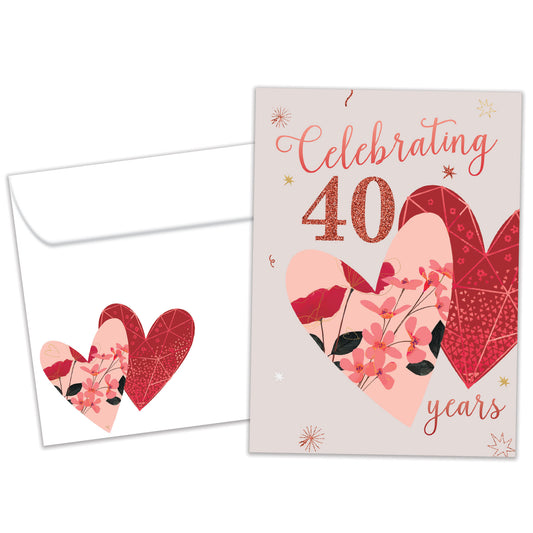 Front view of an Anniversary greeting card and matching envelope featuring "Celebrating 40 years" with two hearts.