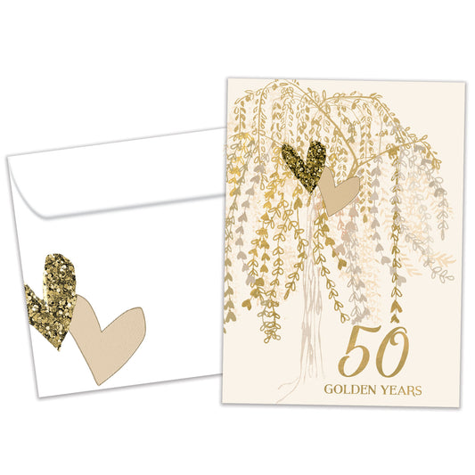 Front view of an Anniversary greeting card and matching envelope featuring "50 golden years" in gold writing and a tree with golden heart-shaped leaves.