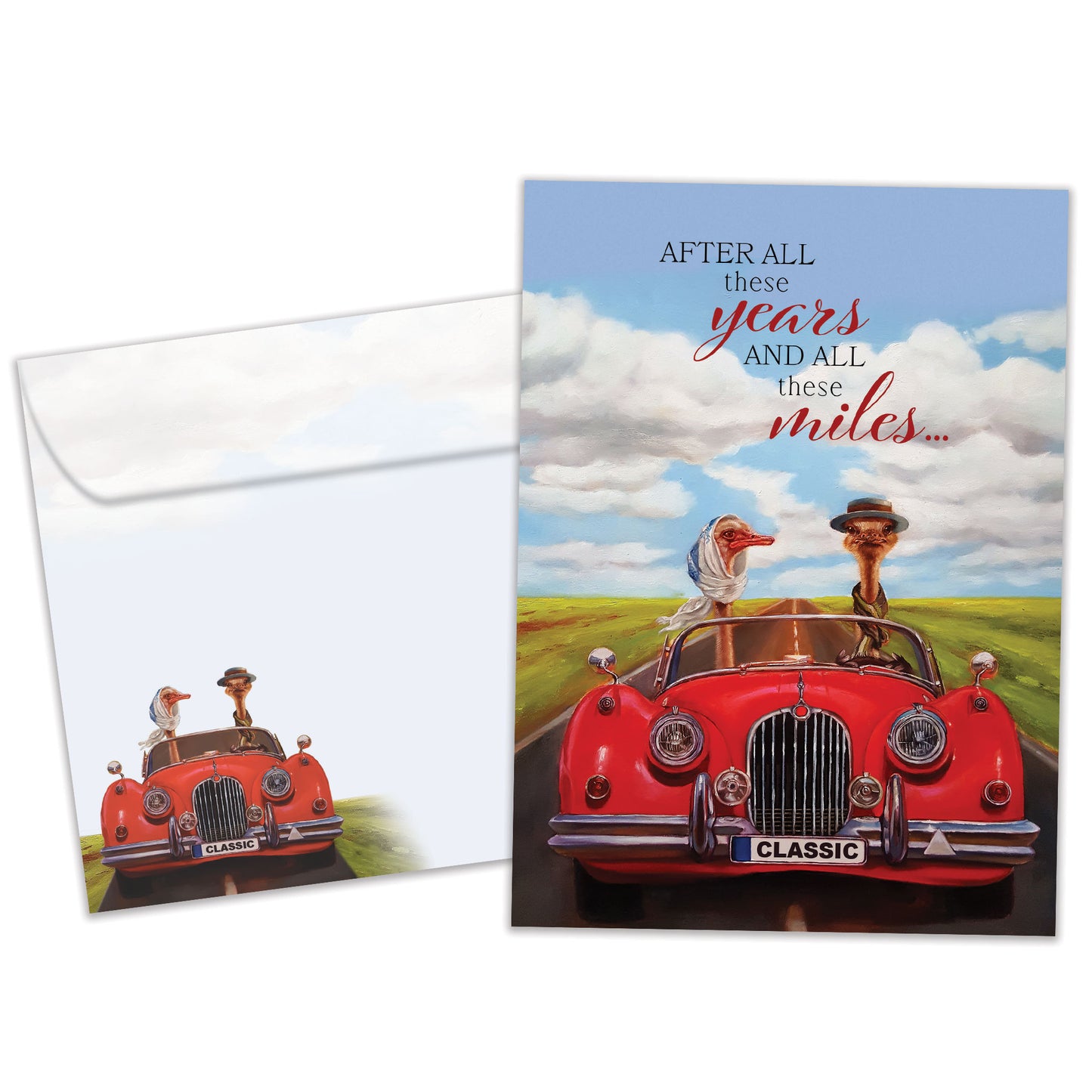 Front view of an Anniversary greeting card and matching envelope featuring a goose couple driving in a red car with a loving message.
