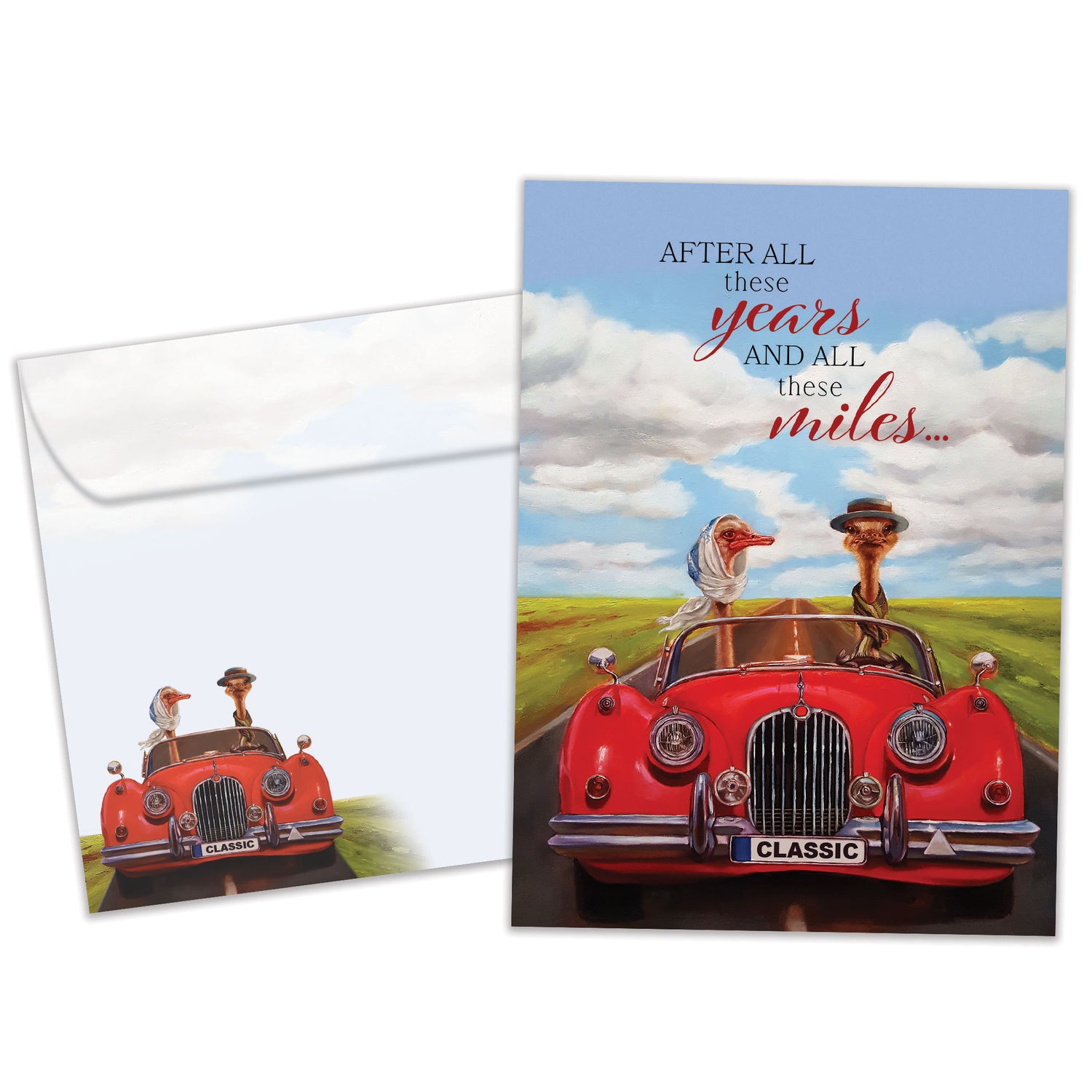 Front view of an Anniversary greeting card and matching envelope featuring a goose couple driving in a red car with a loving message.