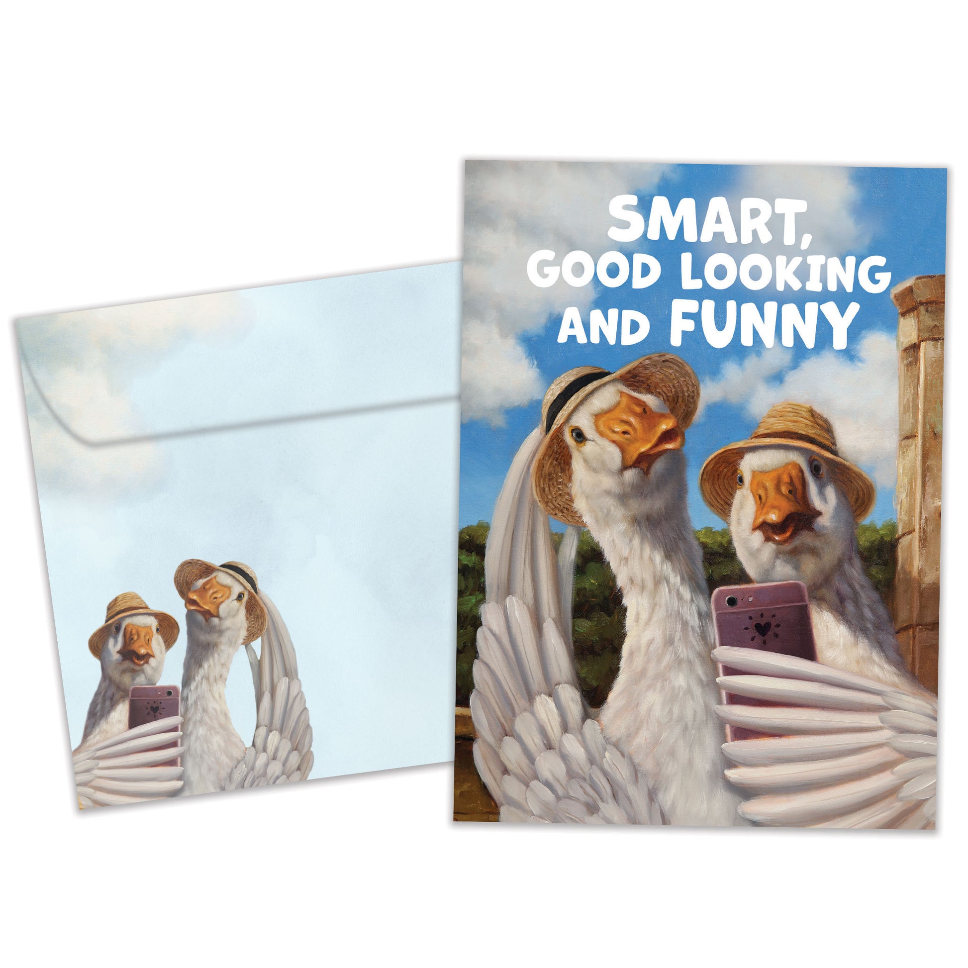 Front view of an Anniversary greeting card and matching envelope featuring a duck couple taking a selfie.