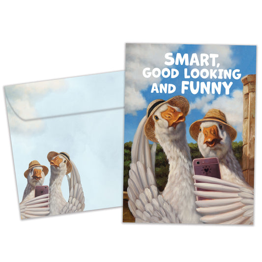 Front view of an Anniversary greeting card and matching envelope featuring a duck couple taking a selfie.